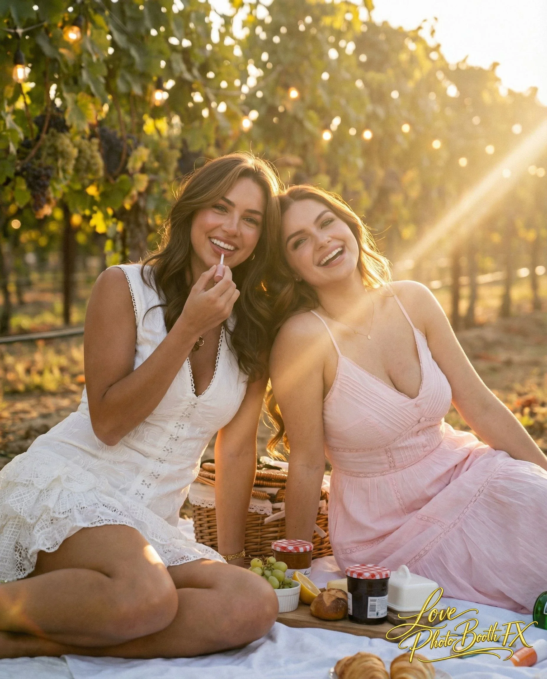 Two young women enjoying a picnic in a vineyard during sunset, sitting on a blanket with food and drinks, smiling and laughing.