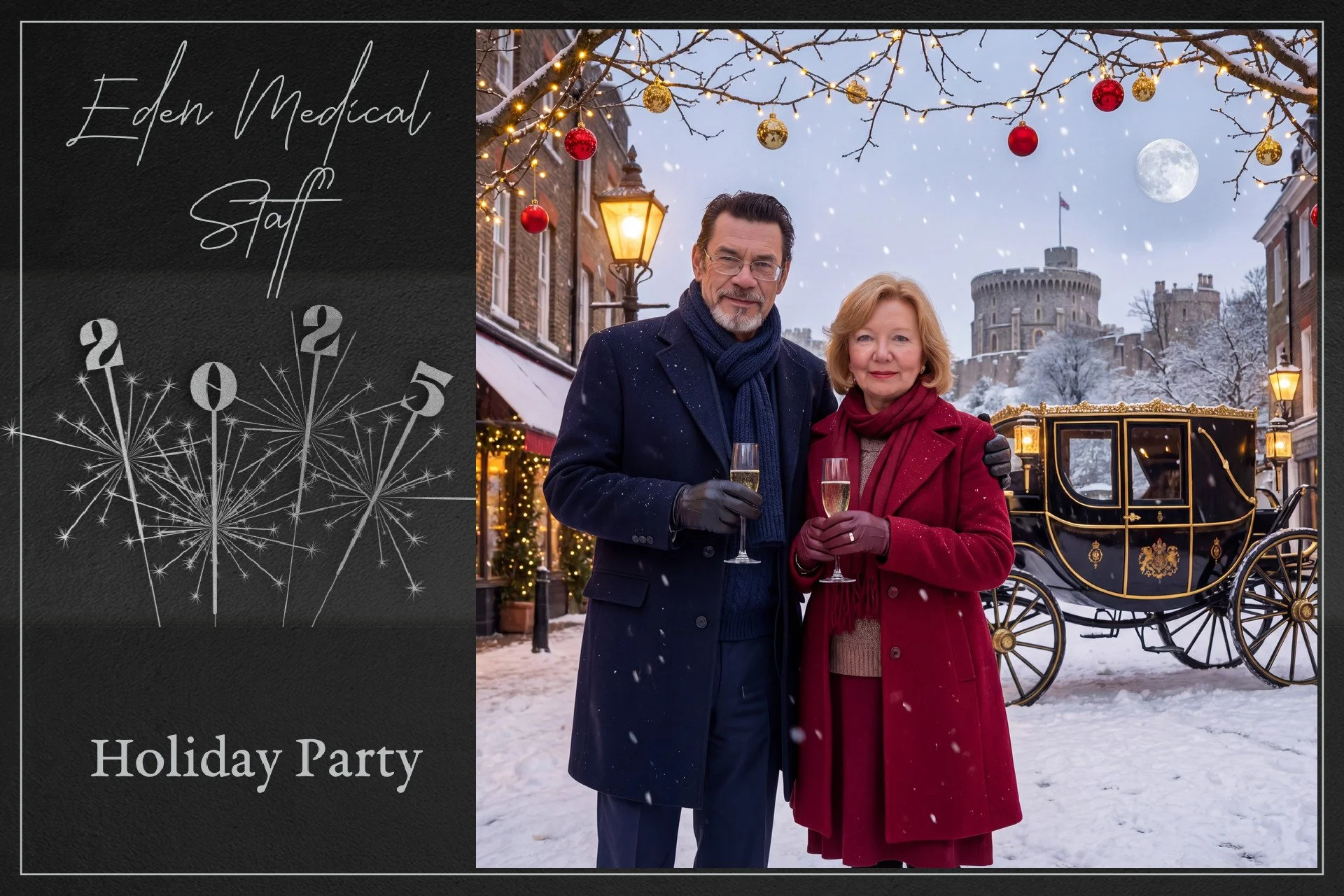 A couple dressed warmly in winter clothes, holding champagne glasses, standing outdoors in a snowy festive street with Christmas decorations, lit lampposts, and a castle in the background during a holiday celebration.