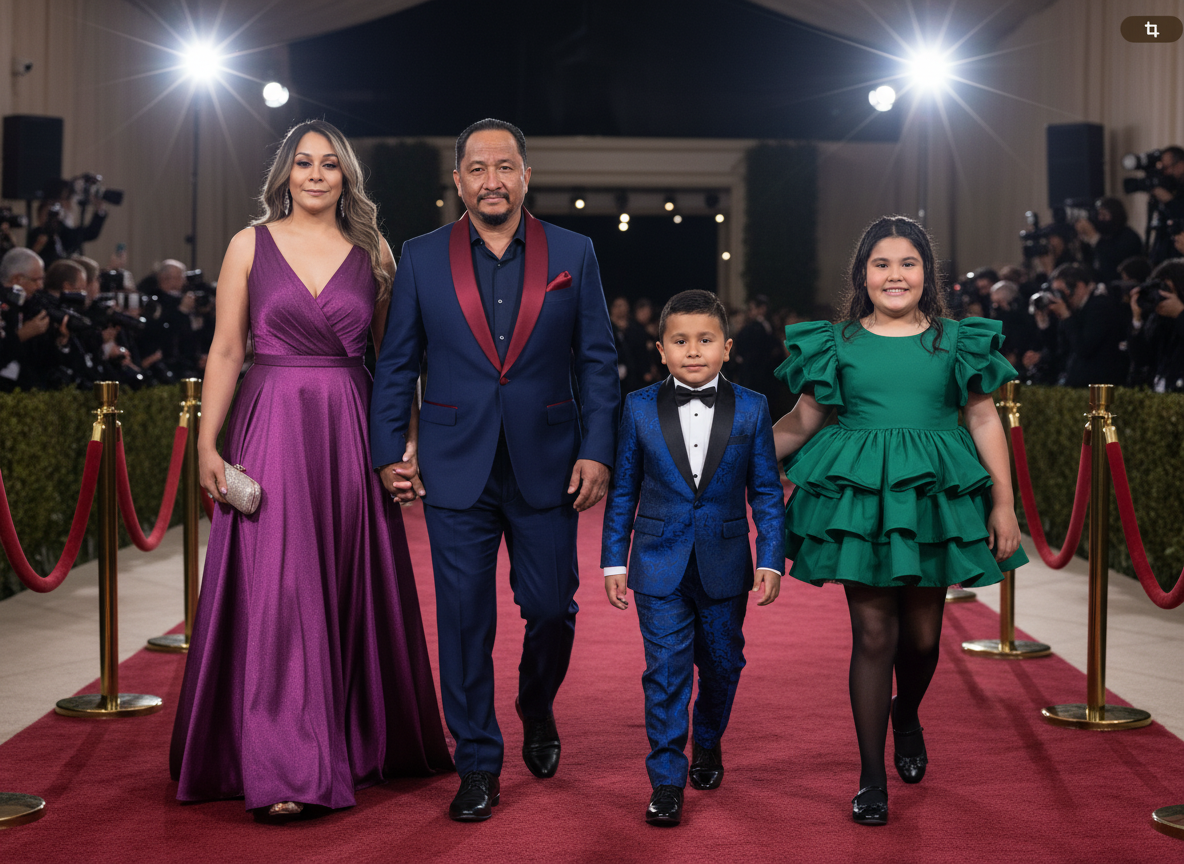Family walking on a red carpet at a formal event, with photographers in the background.