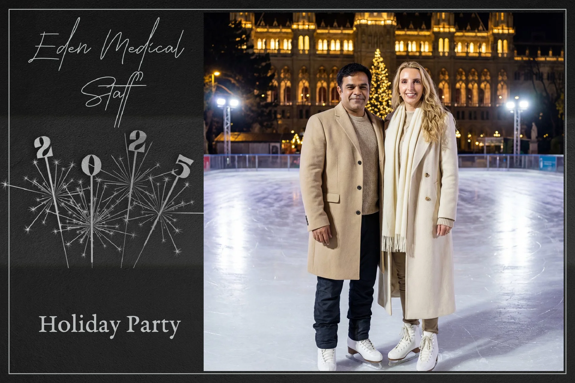 A couple standing on an ice skating rink at night, with a decorated building and a Christmas tree in the background. The left side of the image has text that says 'Eden Medical Staff' and 'Holiday Party' with firework graphics.