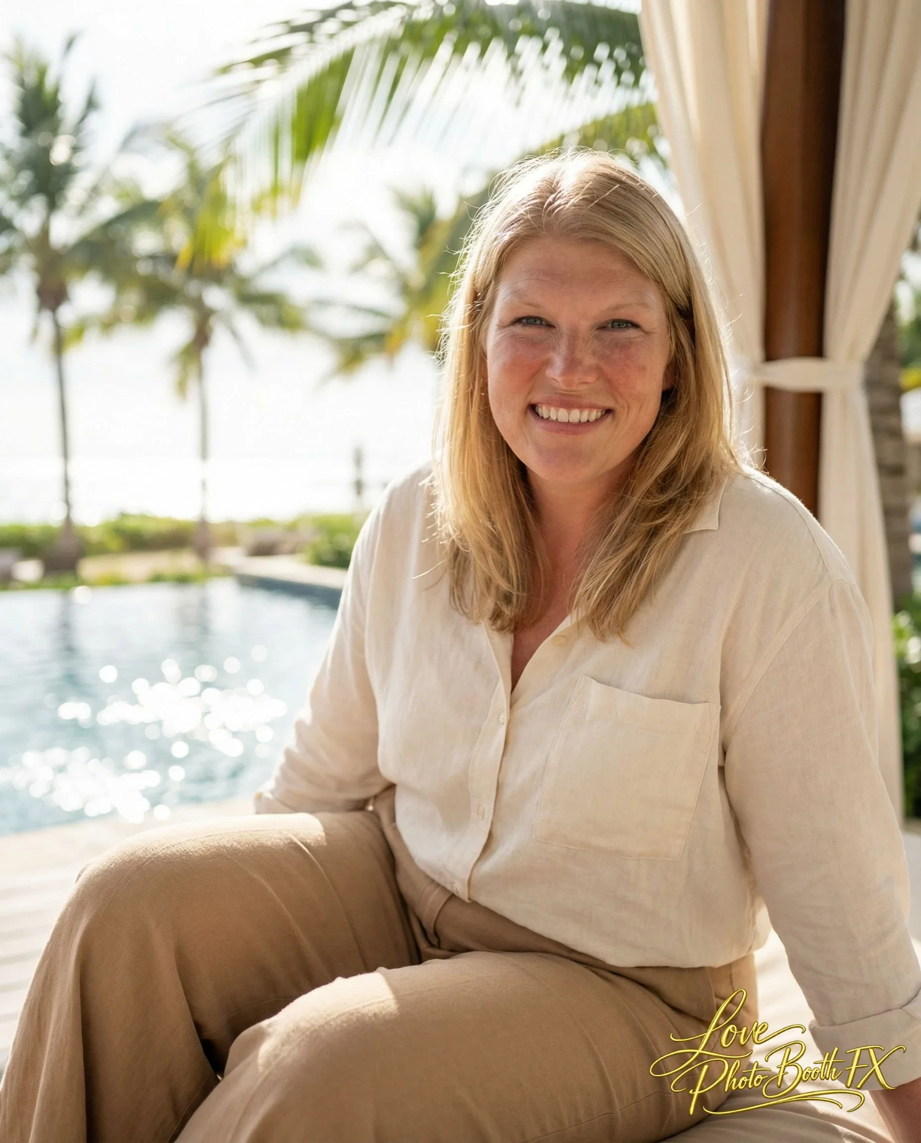 A woman with blonde hair smiling, sitting outdoors near a pool with palm trees in the background and sunlight reflecting on the water.
