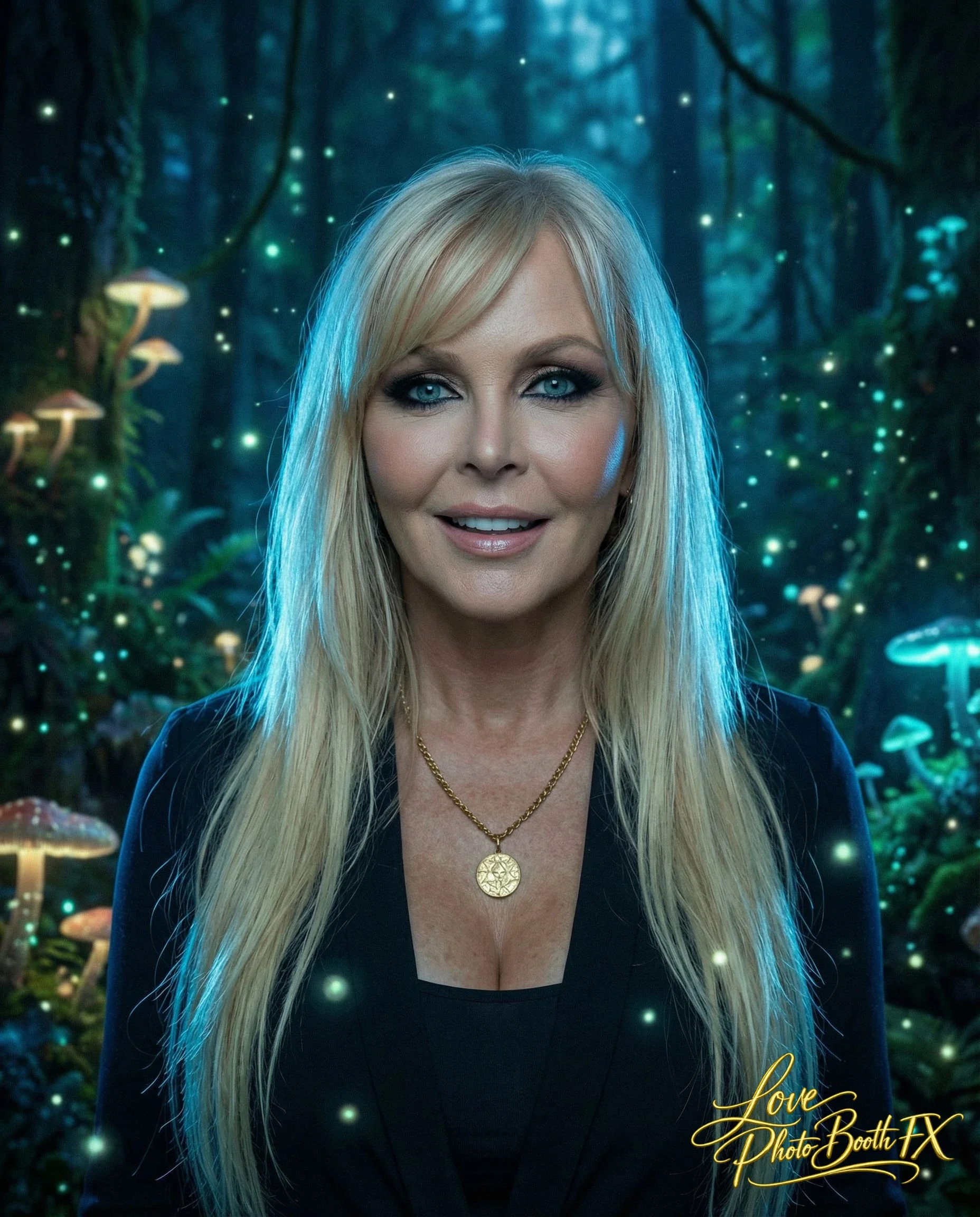 A woman with long blonde hair smiling in a mystical forest with glowing mushrooms and fireflies.