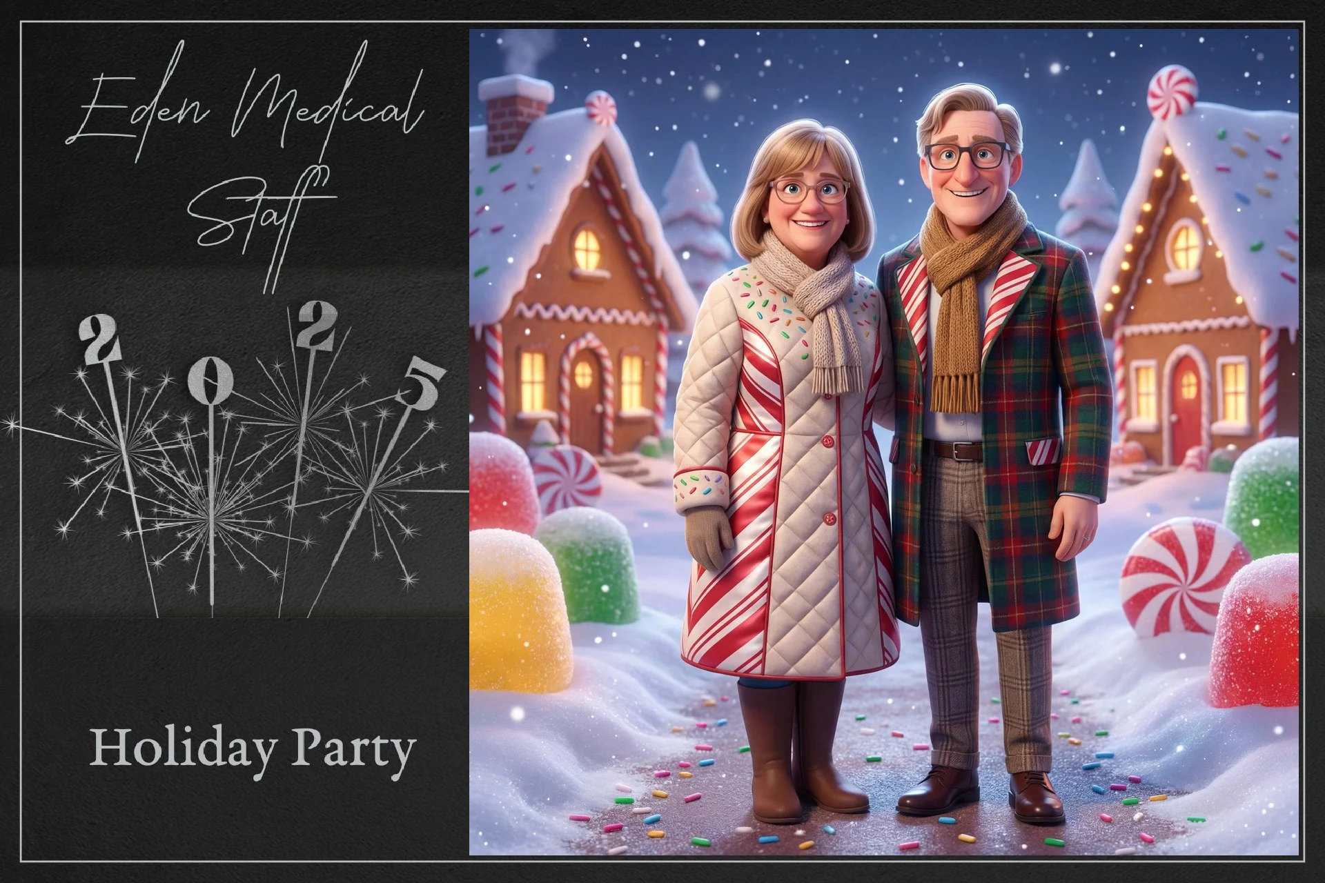 Animated image of a smiling elderly couple in winter holiday attire standing outdoors in a snow-covered gingerbread village decorated with colorful candy canes and Christmas lights, with a black panel on the left side featuring white handwritten-styl