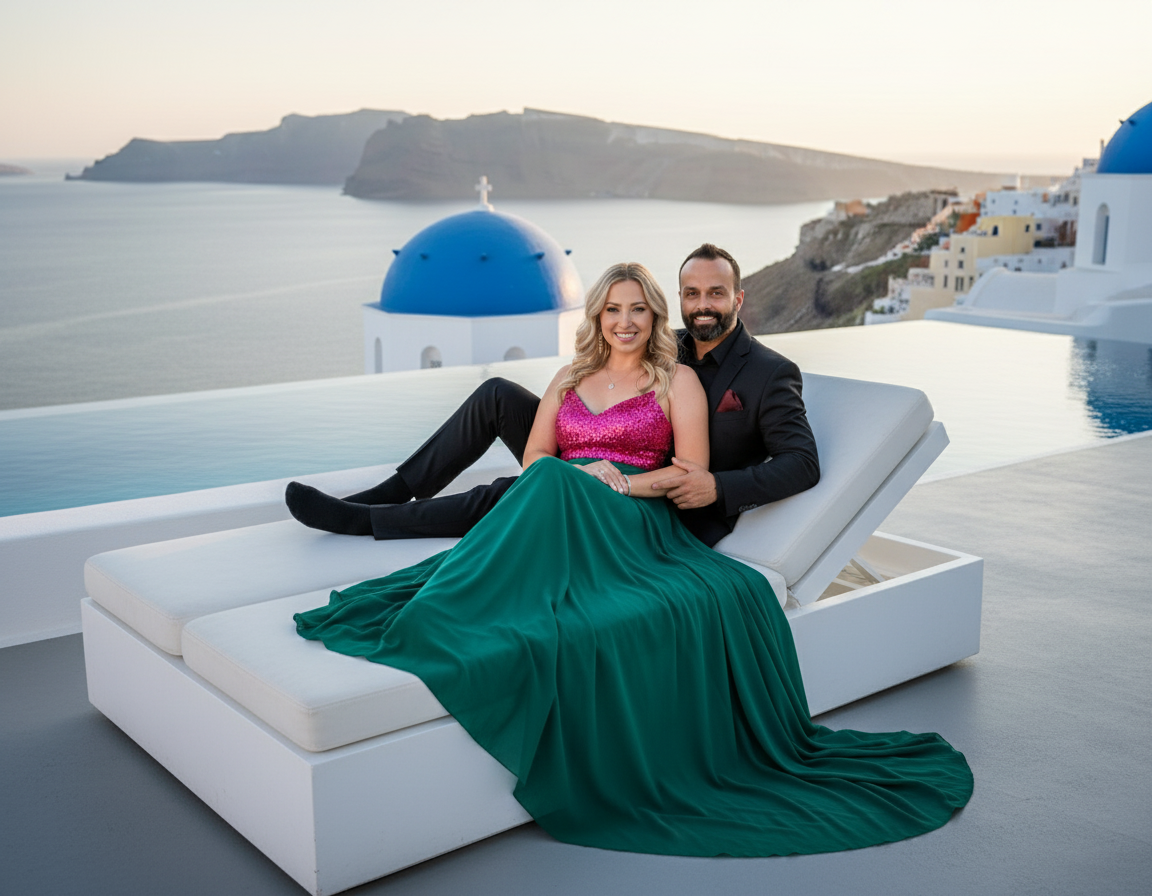 A happily married couple sitting on a white lounge chair on a balcony overlooking the ocean and classic Greek architecture with white buildings and blue domes in Santorini, Greece, during sunset.
