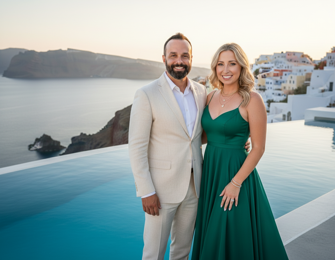 A smiling man and woman standing together near an infinity pool with a coastal town and ocean in the background, during sunset.