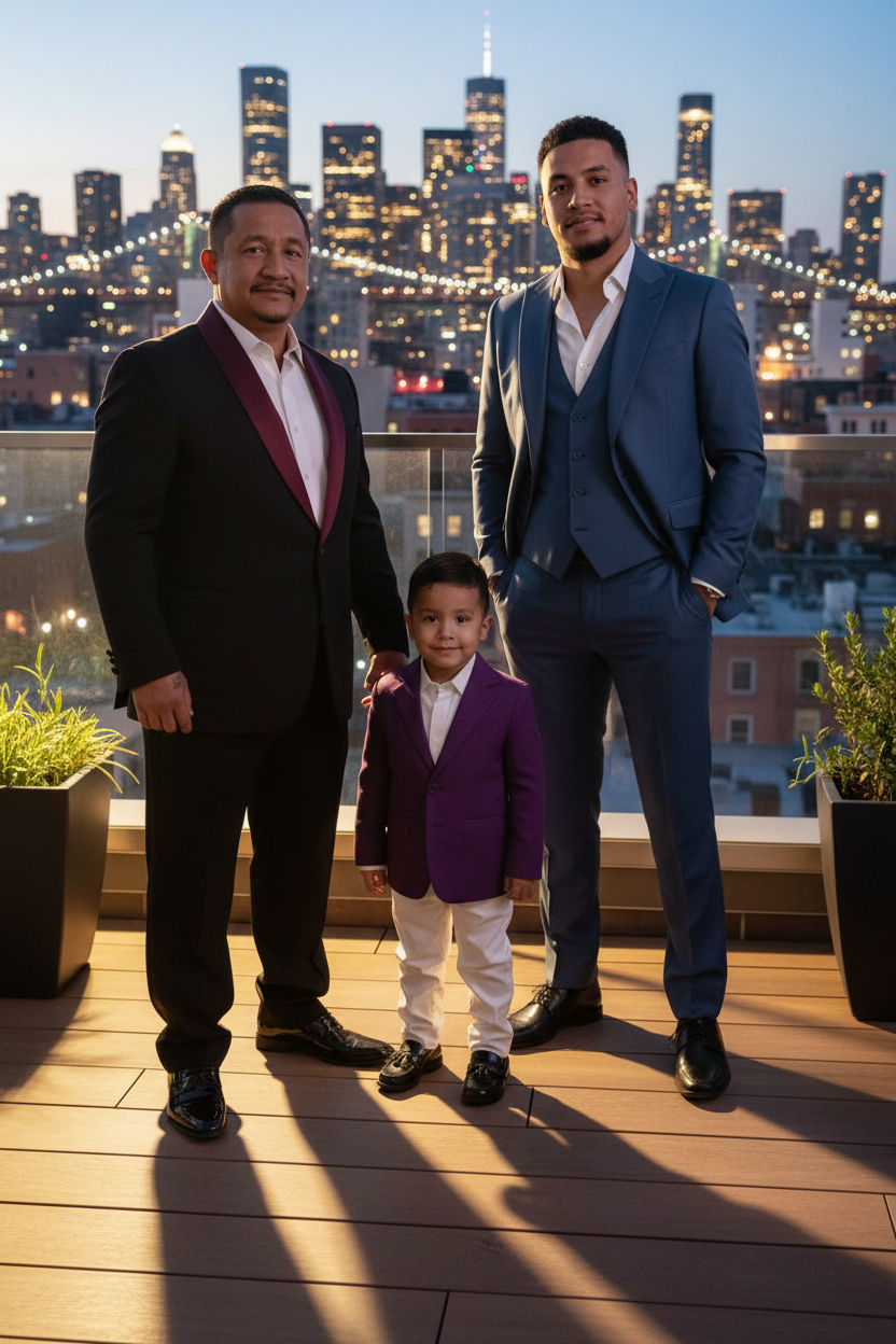 Three males and one young boy in formal suits standing on a rooftop with a city skyline in the background during dusk. The man on the left has a mustache and goatee, wearing a black suit with a white shirt. The young boy in front has a purple blazer,