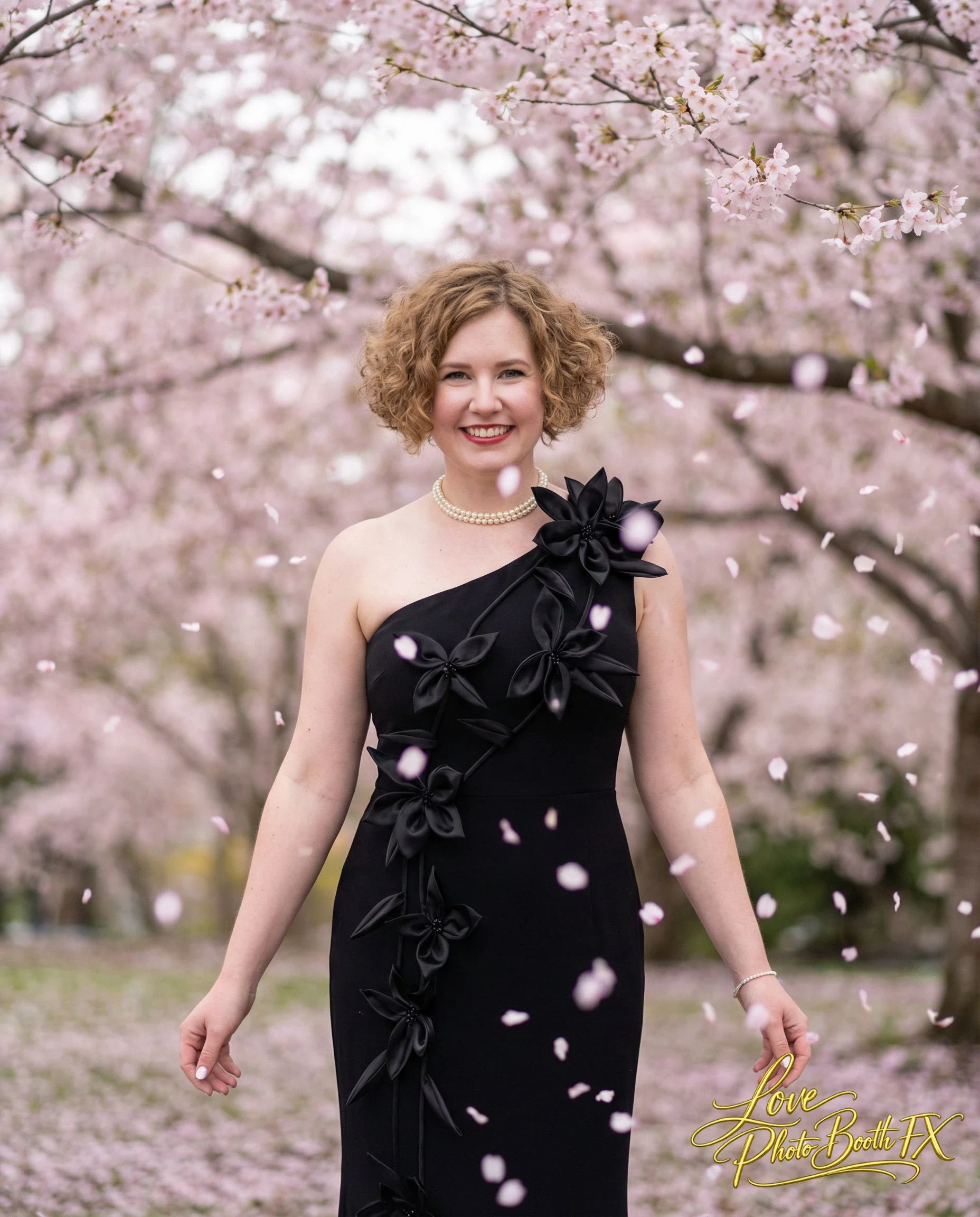 A woman in a black dress with floral embellishments, standing outdoors amid blooming cherry blossom trees, with falling petals around her and a smile on her face.