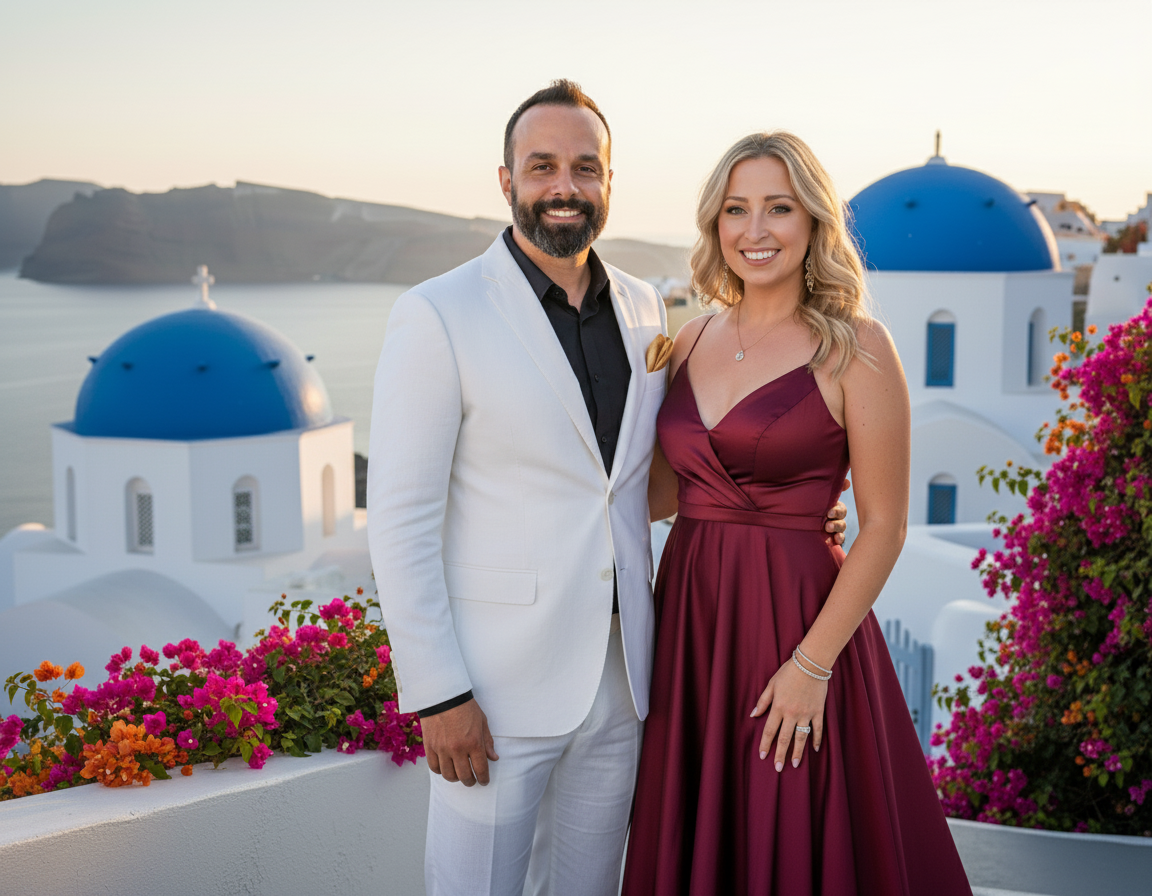 A couple dressed in formal attire standing on a balcony with flowers, white buildings with blue domes, and the sea in the background at sunset.