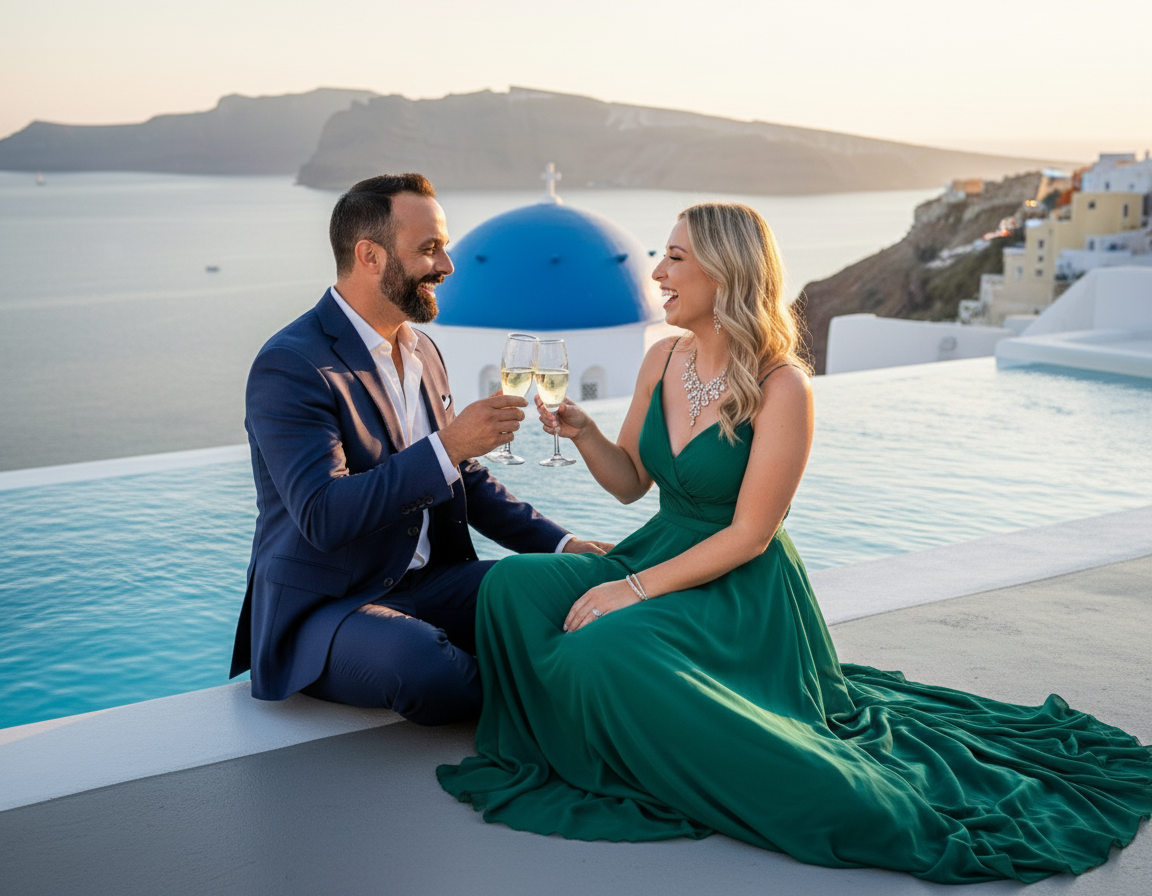A couple in formal attire sitting by an infinity pool, toasting with glasses of white wine with the Santorini caldera and blue-domed churches in the background, during sunset.