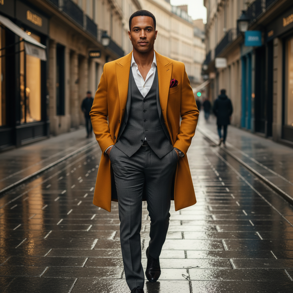 A man walking on a city street with tram tracks, wearing a mustard overcoat, gray suit, white shirt, and a multicolored pocket square, with buildings and pedestrians in the background.