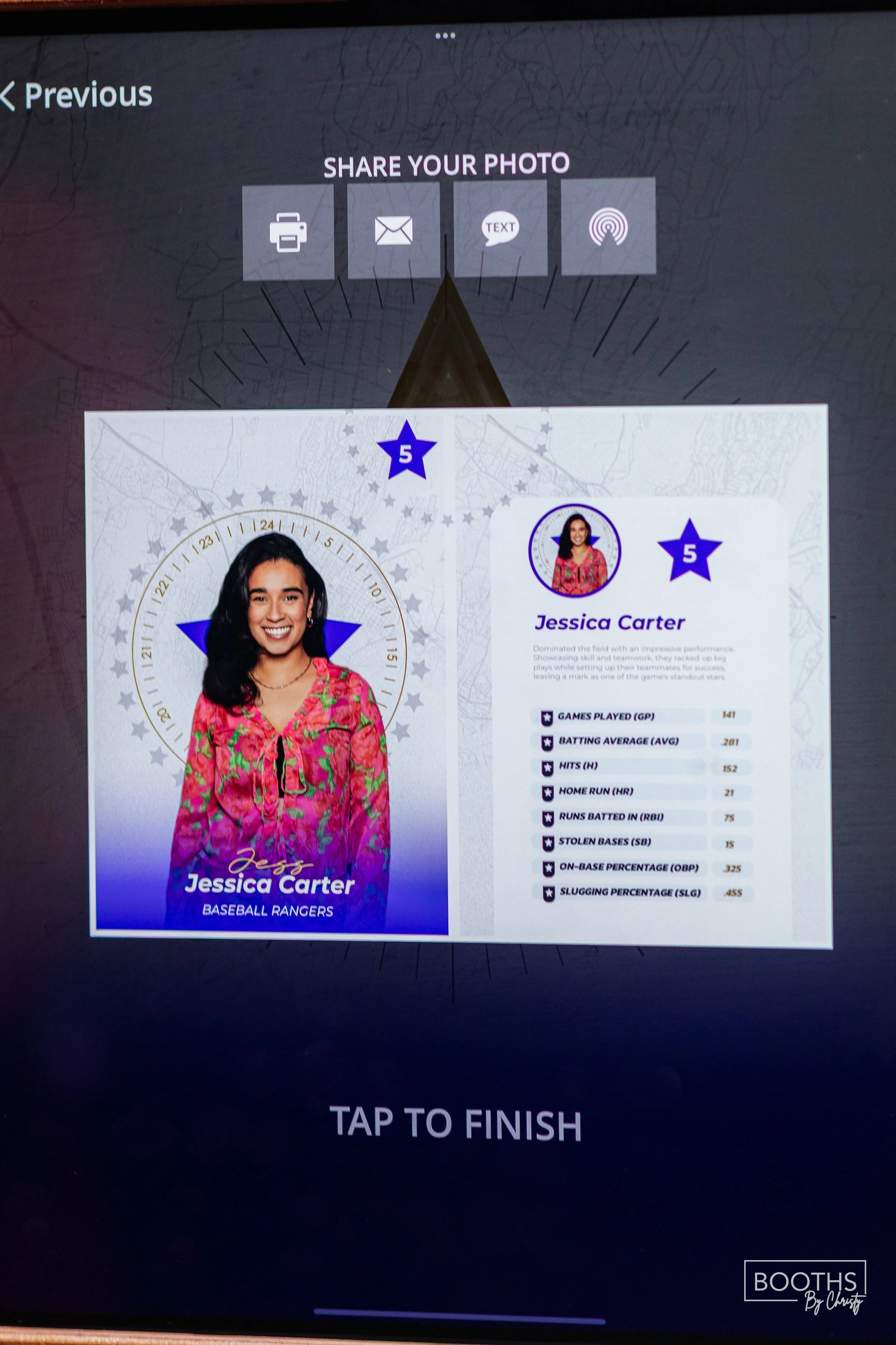 A digital baseball card for Jessica Carter, a Baseball Ranger, displaying her profile picture, statistics, and achievements.