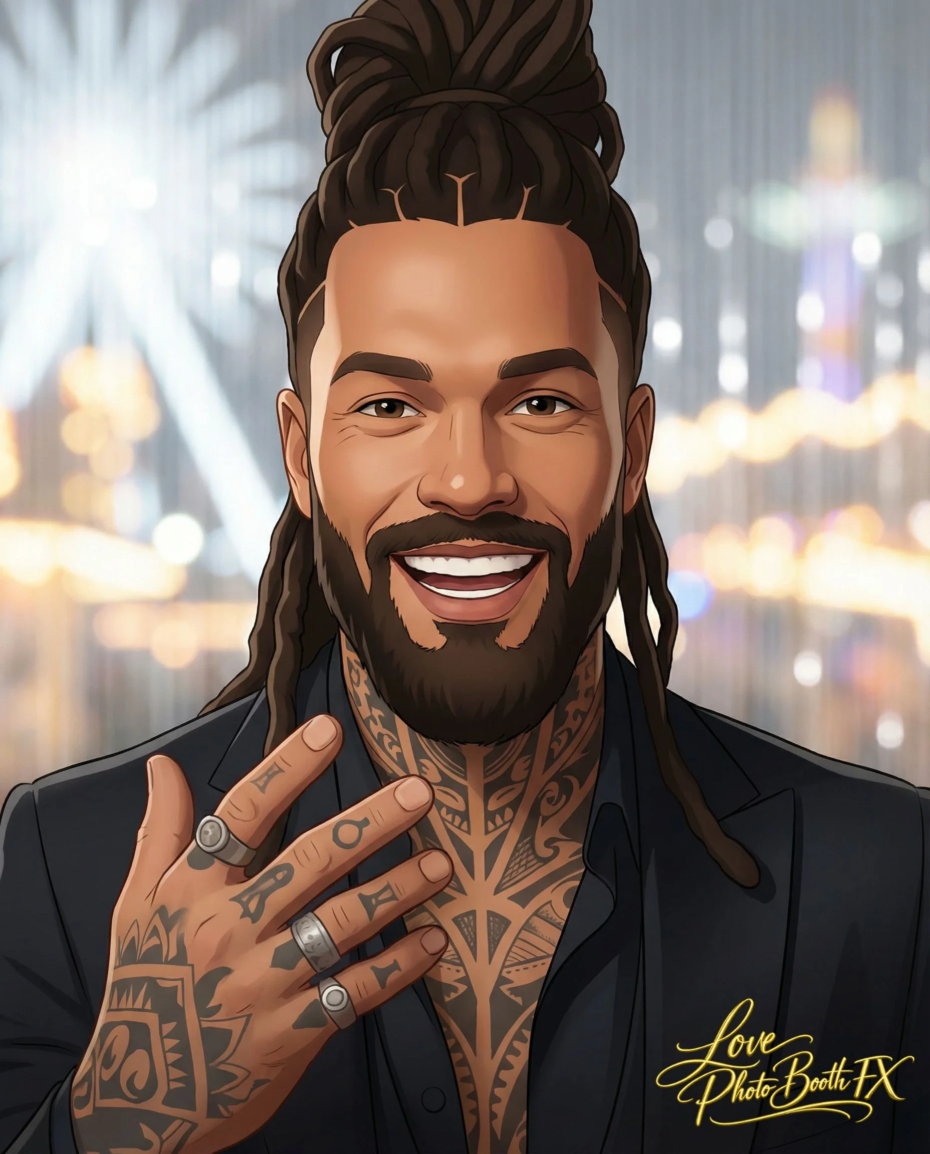 Digital illustration of a smiling man with long dreadlocks, a beard, tattoos on his face, neck, and hand, wearing a dark suit, posing with his hand raised and fingers adorned with rings, with a blurred cityscape background.