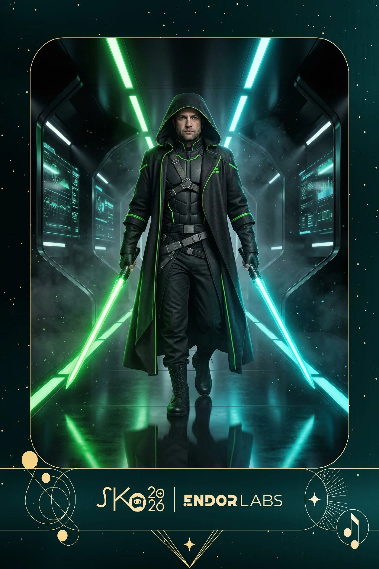 A man dressed as a Jedi with a black and green outfit, hood, and cape, holding green and blue lightsabers, walking through a futuristic corridor with holographic screens.