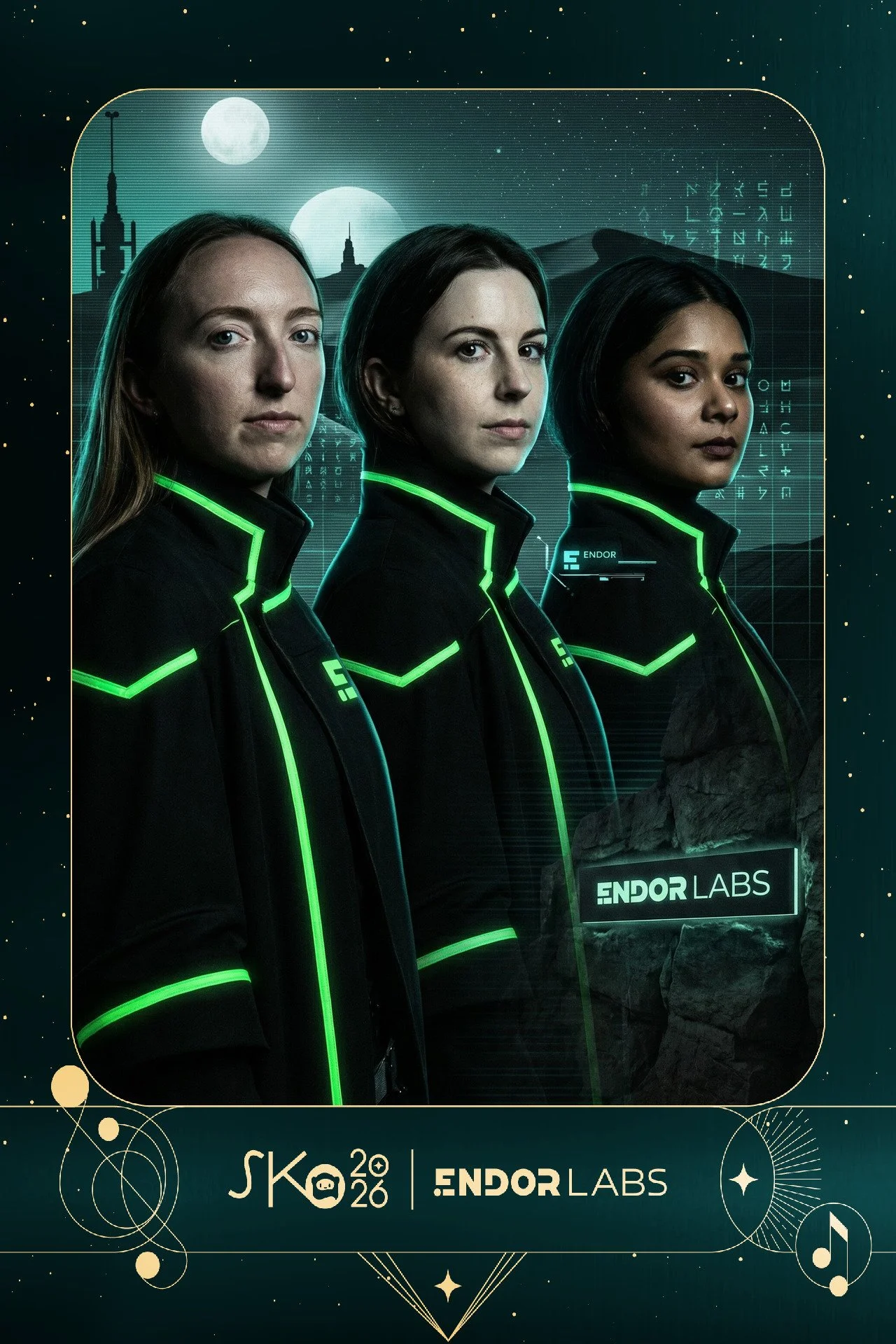 Poster of three women in futuristic black uniforms with green glowing lines, standing in front of a digital landscape with moons and stars, promoting 'Endor Labs' at SKO 2026.