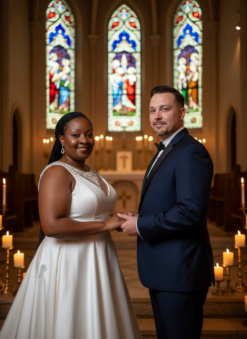A bride and groom holding hands inside a church with stained glass windows and lit candles.