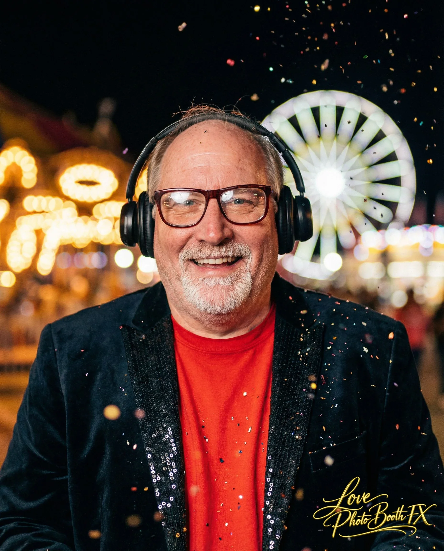 A man with glasses smiles at a carnival with colorful lights and a Ferris wheel in the background during nighttime.