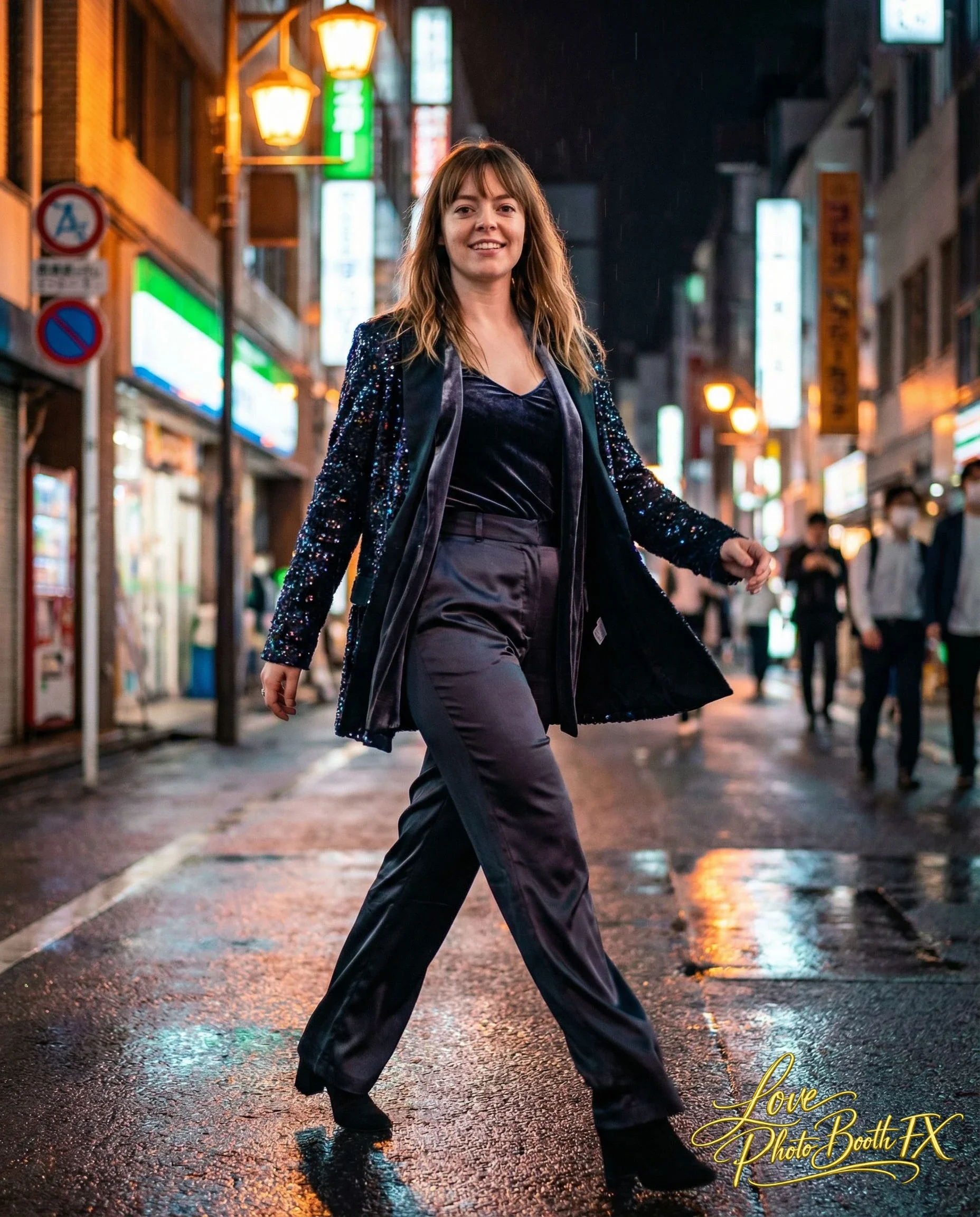 A woman walking on a city street at night, wearing a dark shiny blazer and dark pants, with illuminated signs and streetlights in the background.