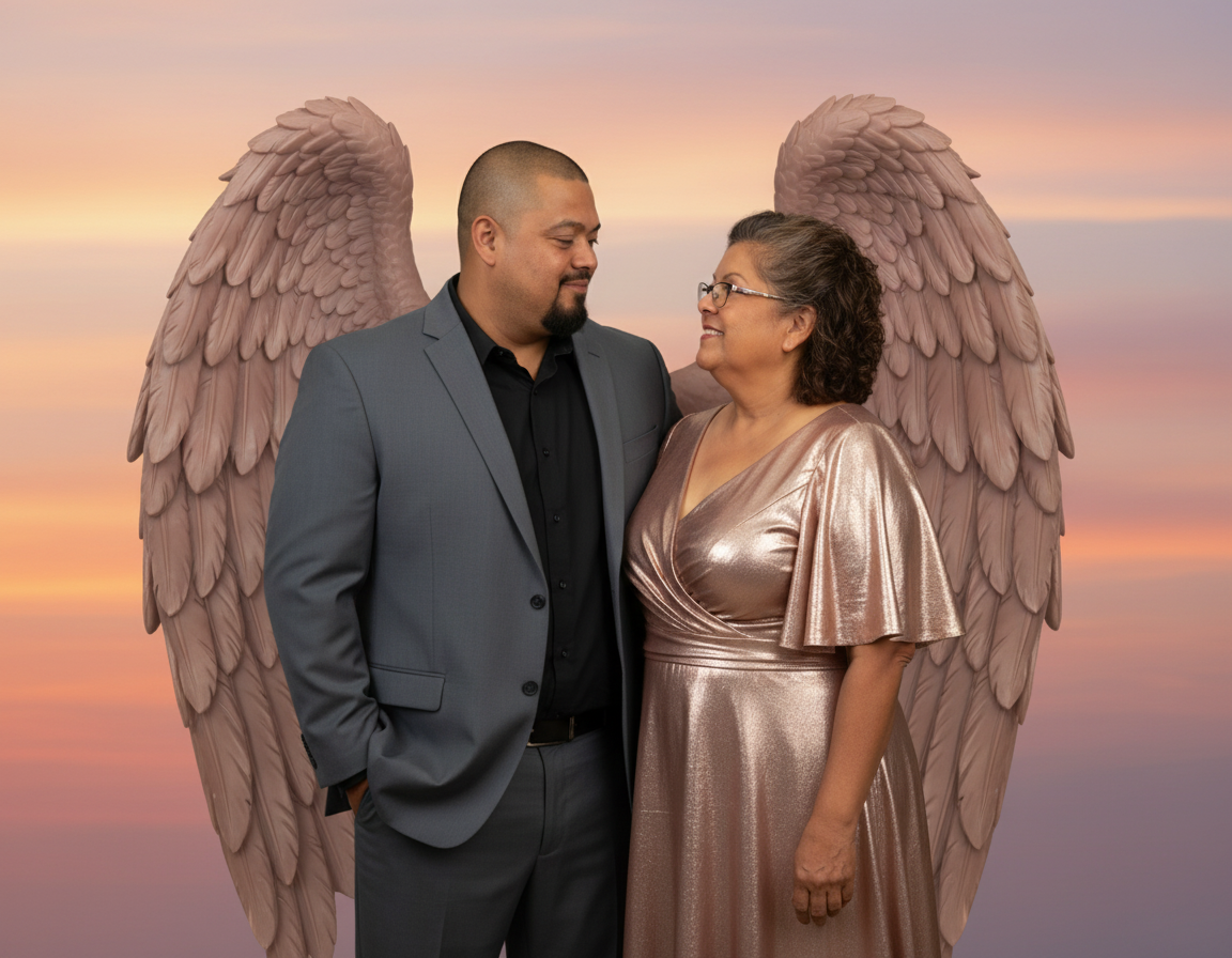 A man and woman standing close together in front of a backdrop of pink and purple sky, with large angel wings behind them. The man is in a grey suit and black shirt, and the woman is in a shiny, rose gold dress. They are looking at each other with sm