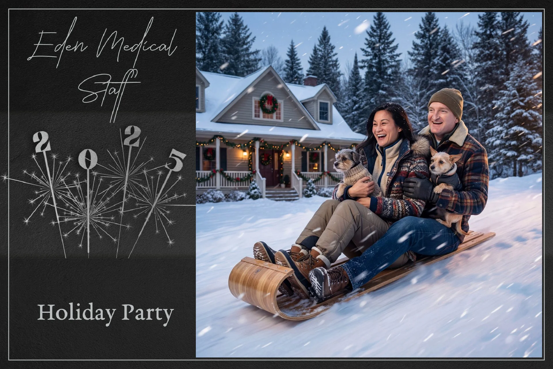 Two people, a woman and a man, riding a wooden sled in the snow, smiling and holding two small dogs, with a decorated house and snow-covered trees in the background during winter.