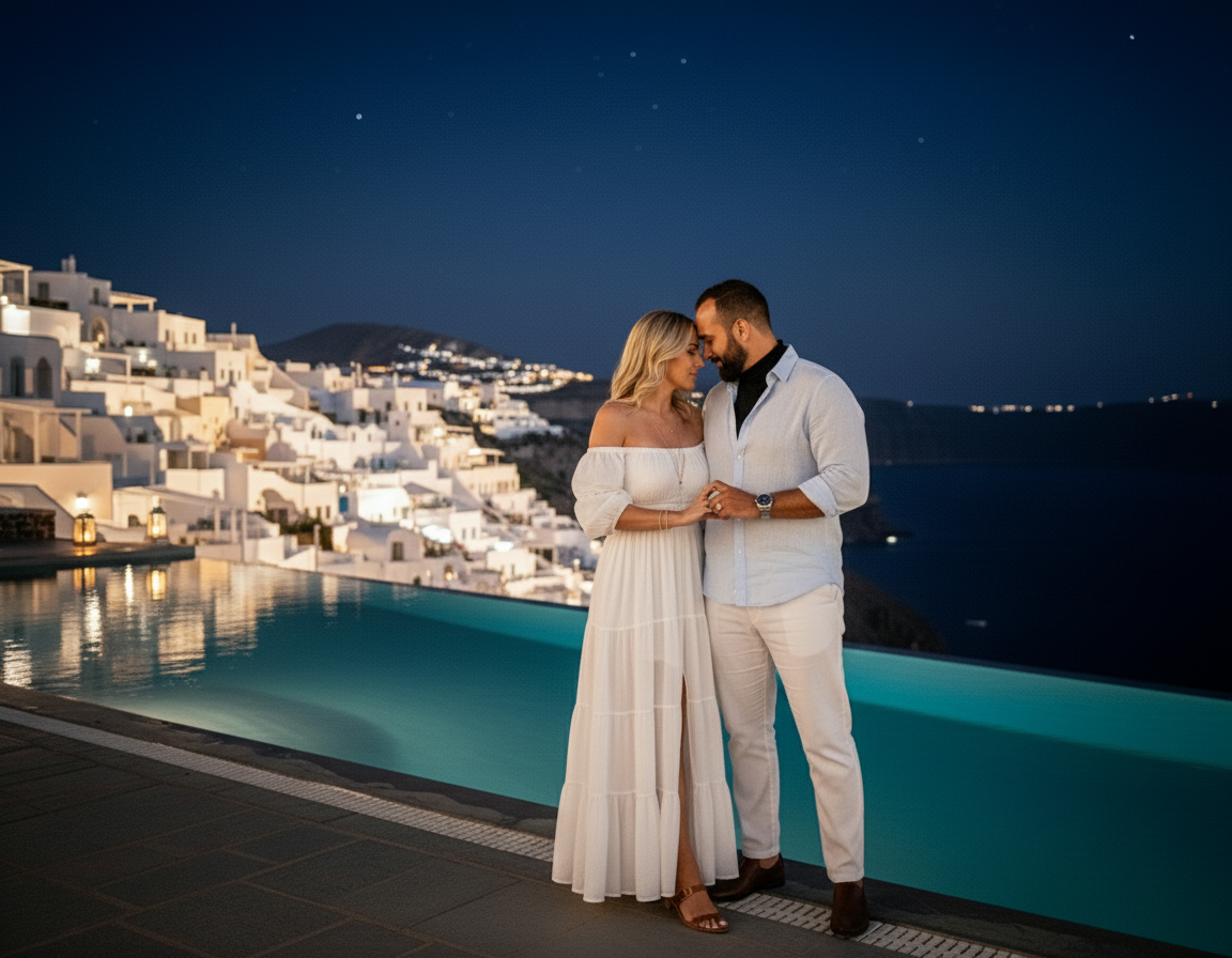A couple stands close together by a pool at night with a backdrop of white buildings on a hillside in Santorini, Greece.