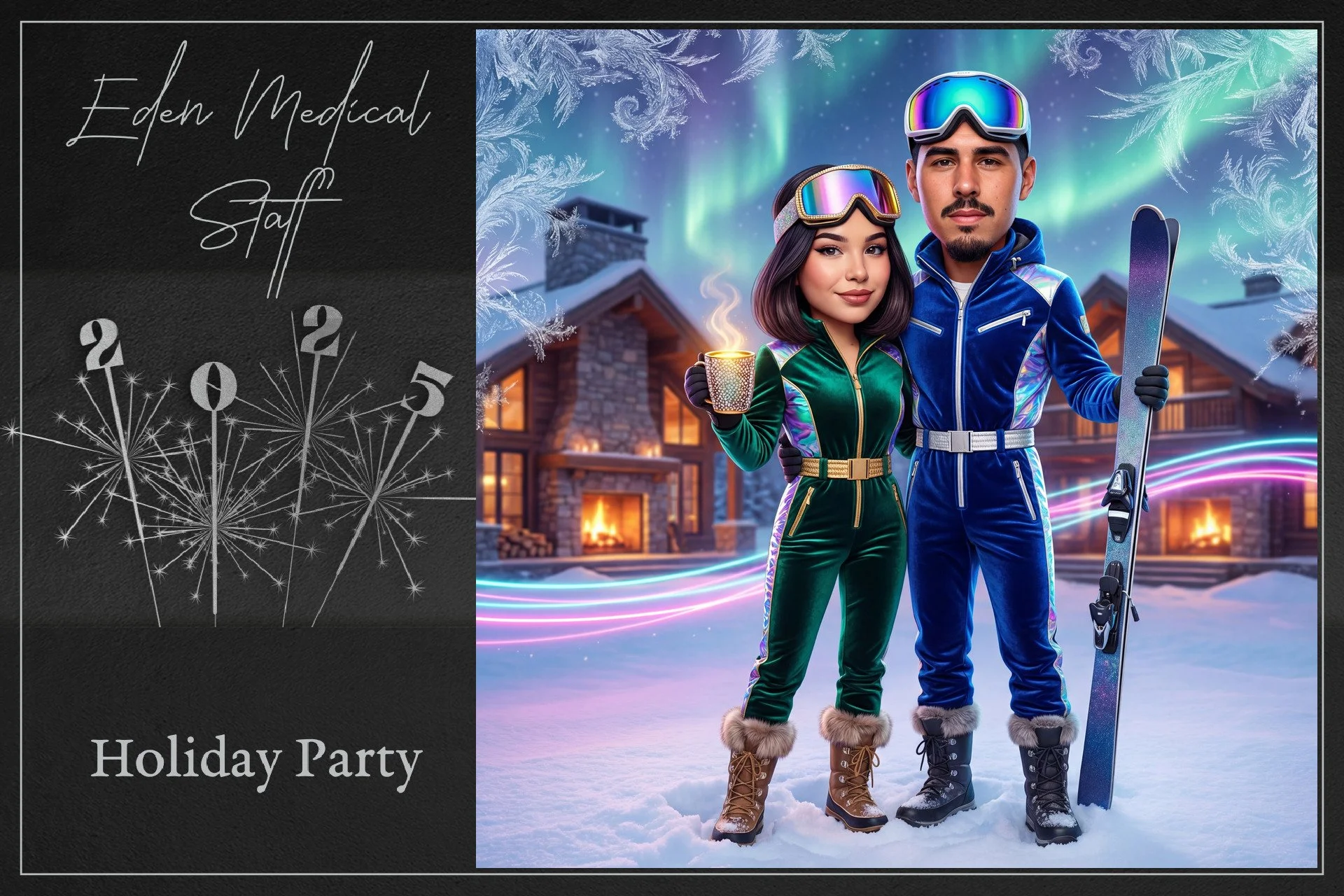 A man and woman in ski outfits stand outside a snowy house at night, holding skis and a mug of hot drink, with colorful northern lights in the sky. A holiday party invitation is on the left side, with fireworks illustrations and text that reads "Eden