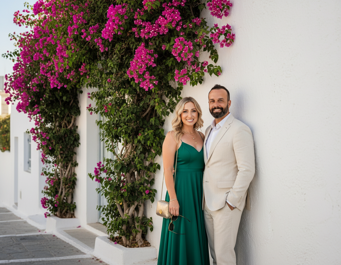 A smiling woman in a green dress and a man in a beige suit standing together against a white wall with blooming pink and purple flowers.
