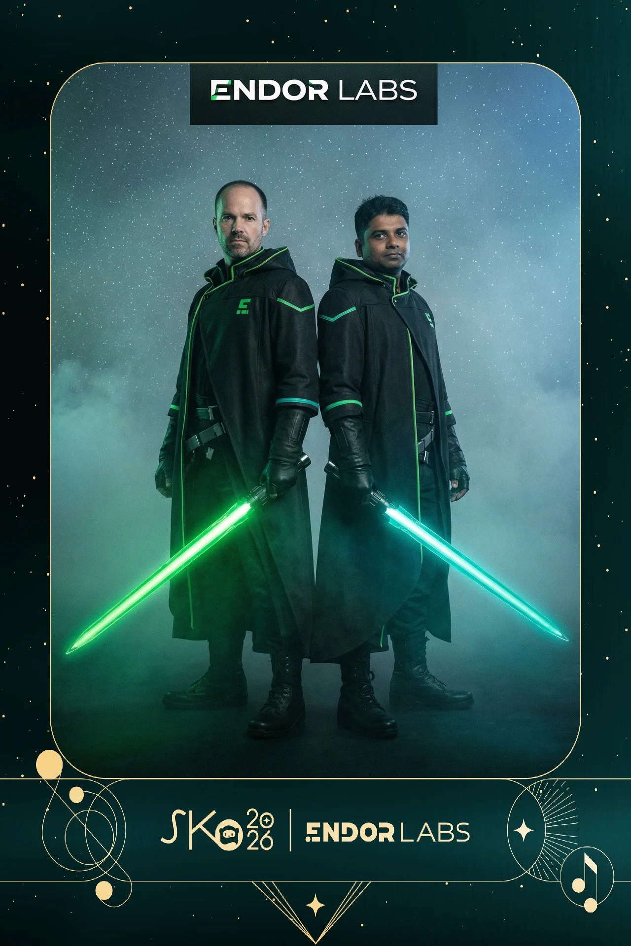 Two men dressed as sci-fi characters with black coats and gloves, holding glowing green and blue lightsabers, standing against a cloudy, starry background with fog.