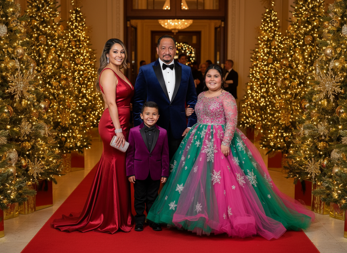 Family of five dressed elegantly stands on a red carpet in front of decorated Christmas trees with lights and ornaments, celebrating a holiday event.