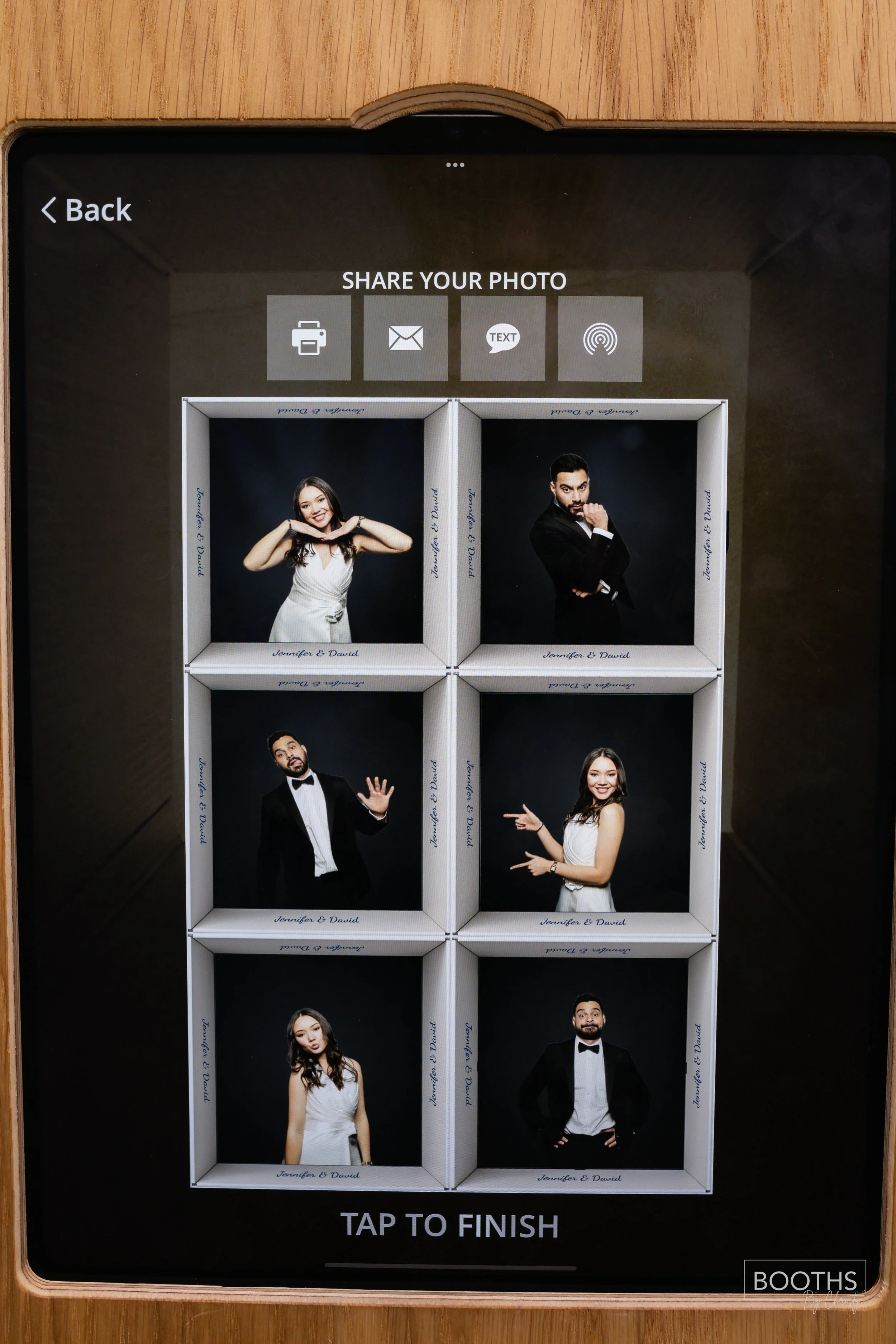Mobile phone screen displaying a photo booth collage with six pictures of a man and woman in formal attire against a black background, with custom photo frames and the text 'Jennifer & David' on the borders.