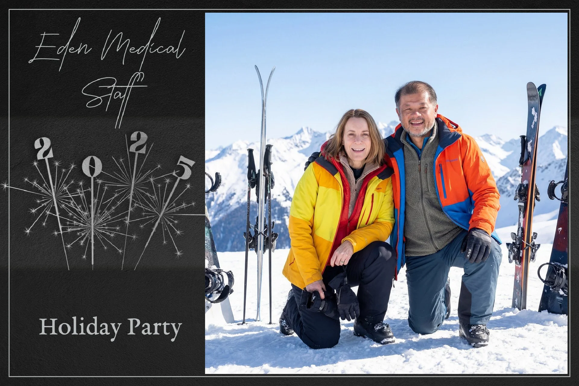 A holiday party invitation featuring a photo of a smiling middle-aged man and woman dressed in winter gear, kneeling on snow with ski equipment, mountains in the background, and text that reads 'Eden Medical Staff' and 'Holiday Party' with fireworks 