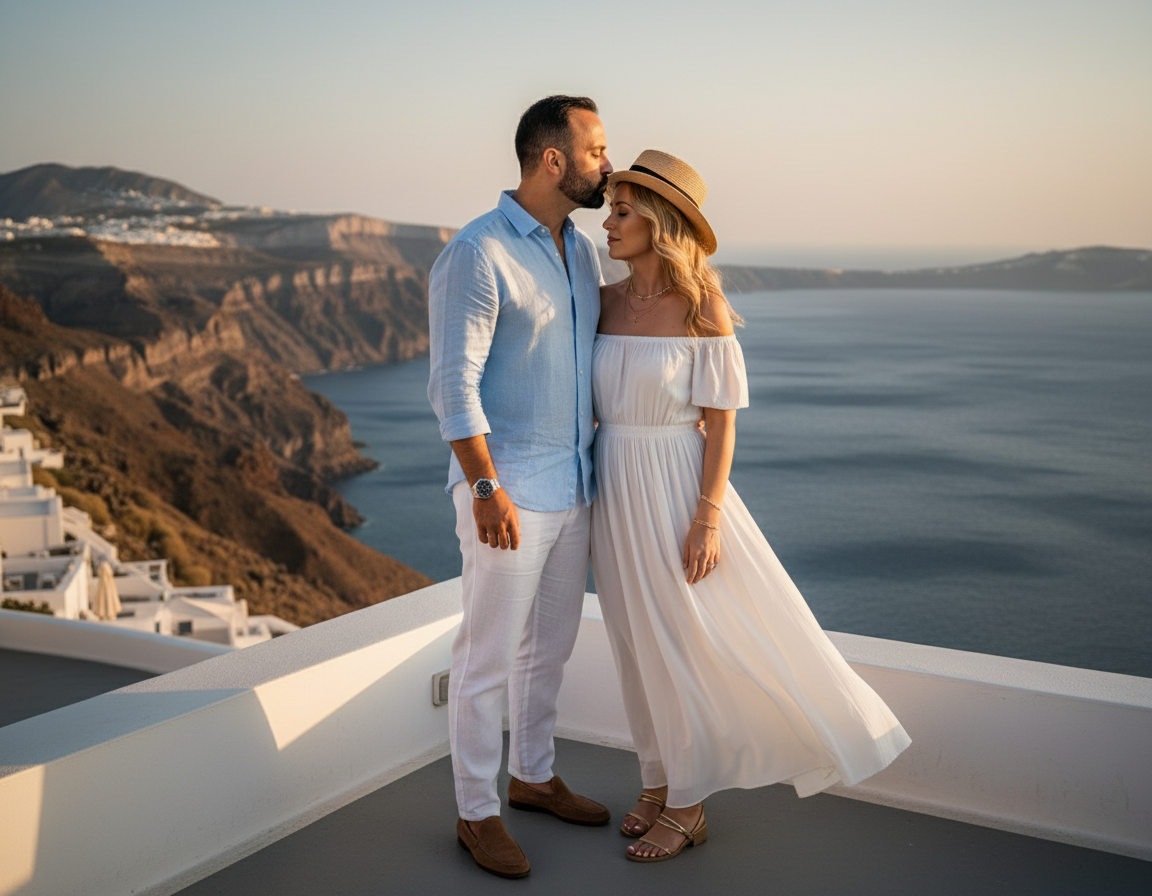 A couple stands close together on a terrace overlooking the ocean, with cliffs in the background, during sunset. The man is wearing a light blue shirt and white pants, the woman is in a white dress and straw hat.