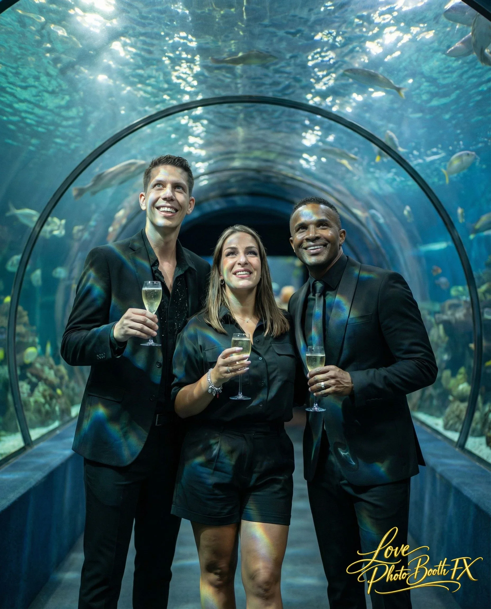 Three people in formal attire holding glasses of champagne inside an underwater tunnel at an aquarium, with fish swimming above and around them.