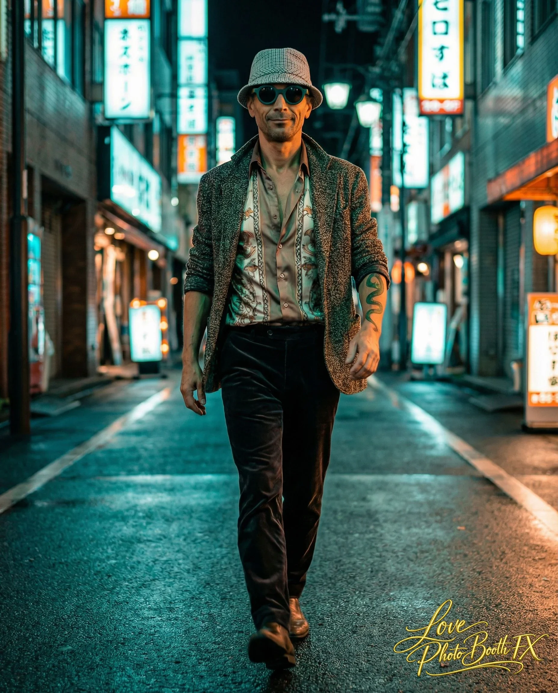 A man walking down a neon-lit street at night, wearing a patterned blazer, open-collared shirt, hat, sunglasses, and sporting tattoos on his arm.