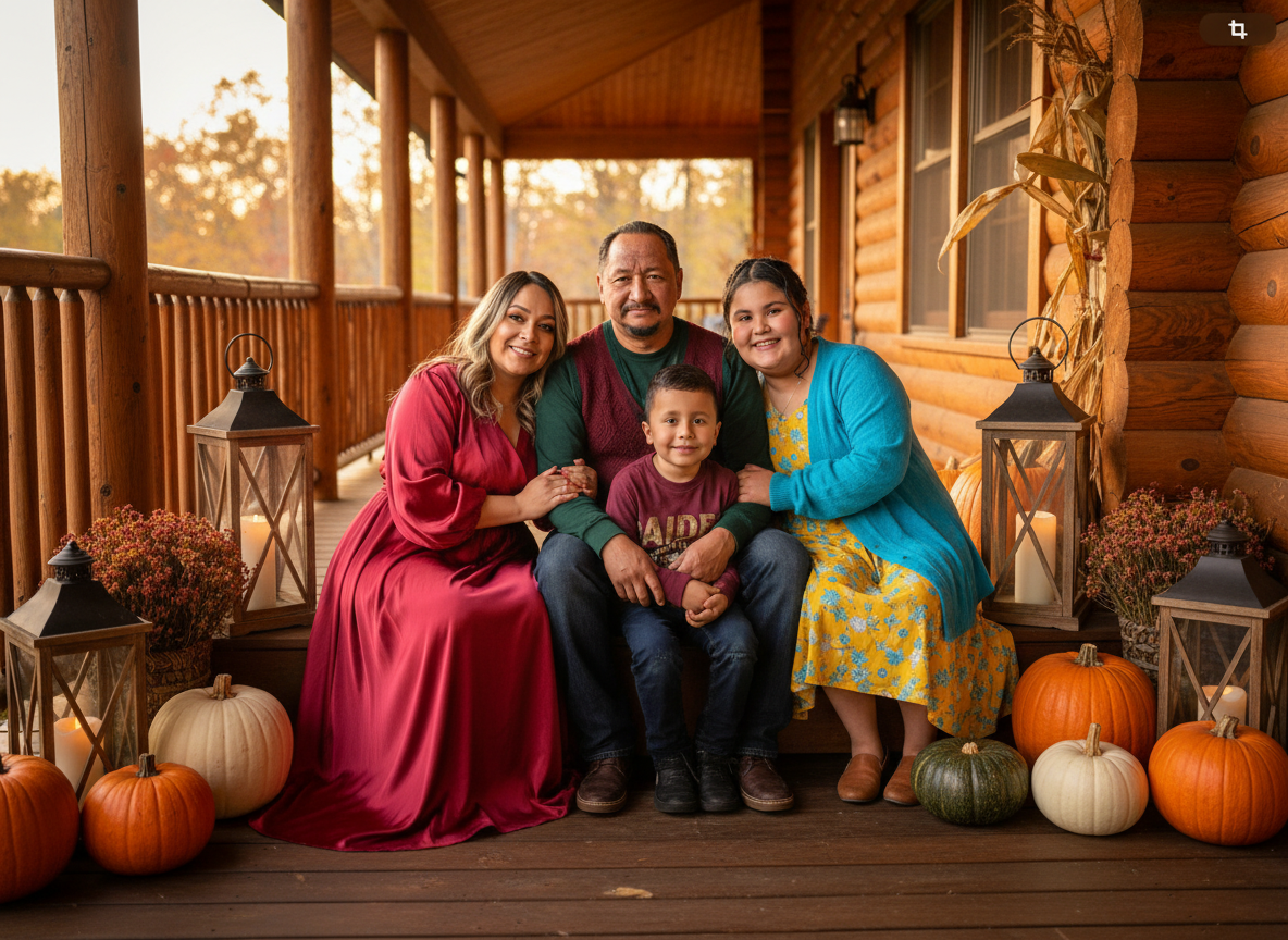 A family of four sitting on a wooden porch decorated with pumpkins, lanterns, and fall flowers, with a log cabin in the background during autumn.