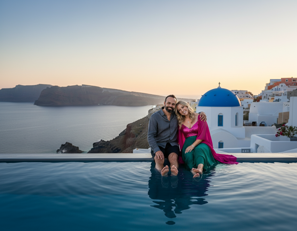 A smiling couple sitting by a pool at sunset in Santorini, Greece, with classic white buildings and a blue-domed church in the background.