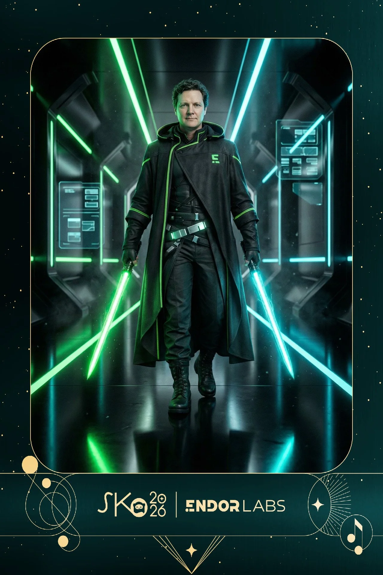 A man dressed as a sci-fi character with glowing neon green and blue lights, walking through a futuristic corridor with digital screens, holding two glowing light sabers.