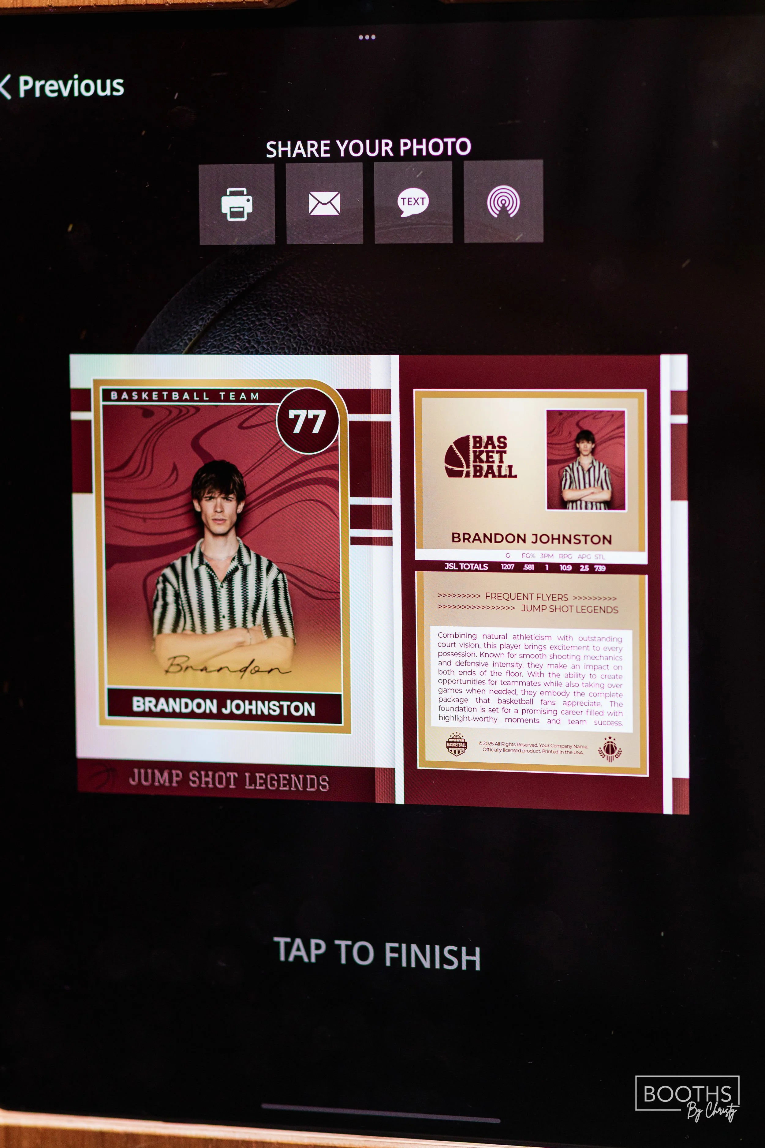 Basketball trading card of Brandon Johnston from Jump Shot Legends, with a photo of a young man with dark hair wearing a striped shirt, and text describing his achievements and statistics.
