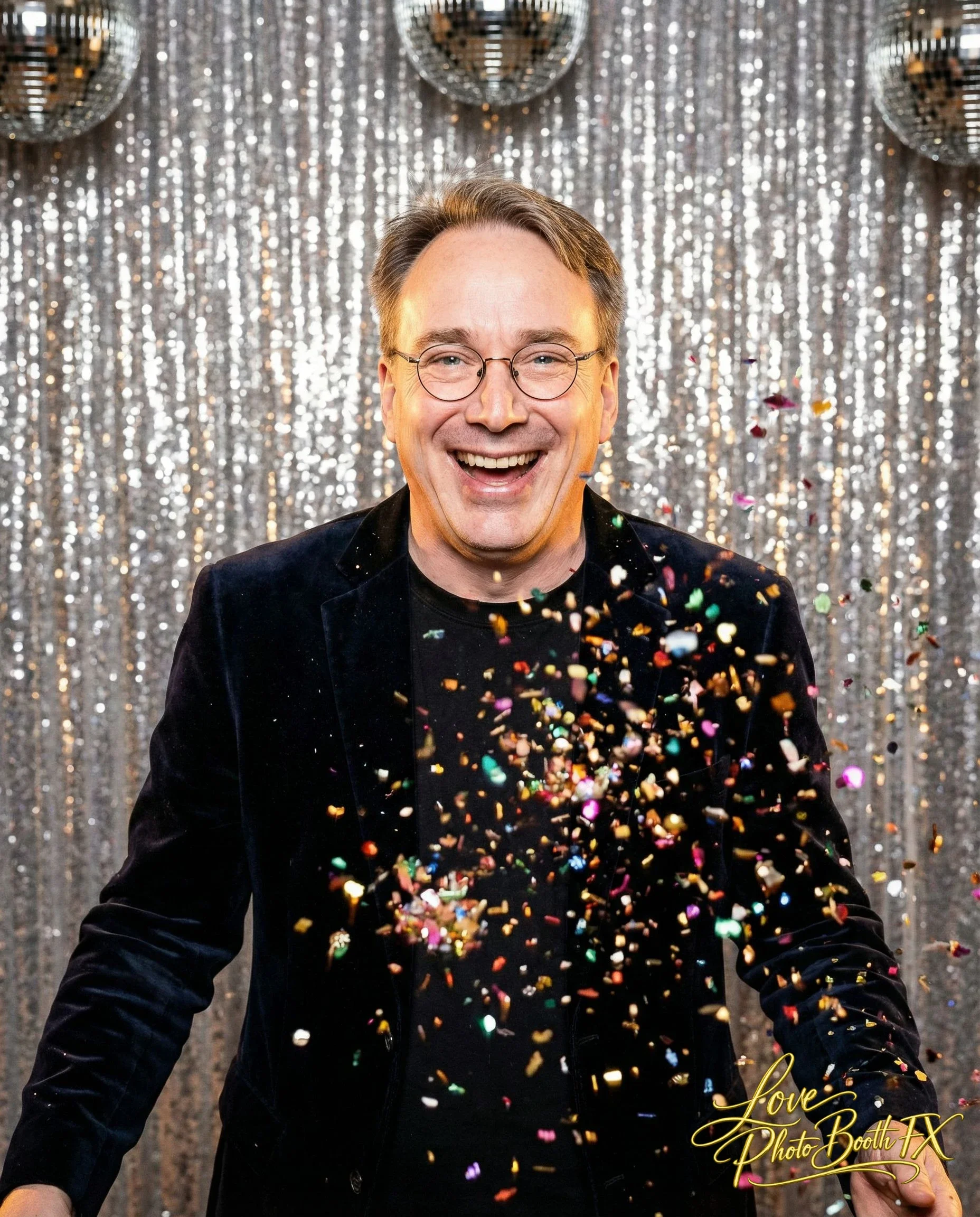 A man celebrating, surrounded by falling colorful confetti, with a silver sequin backdrop and disco balls.