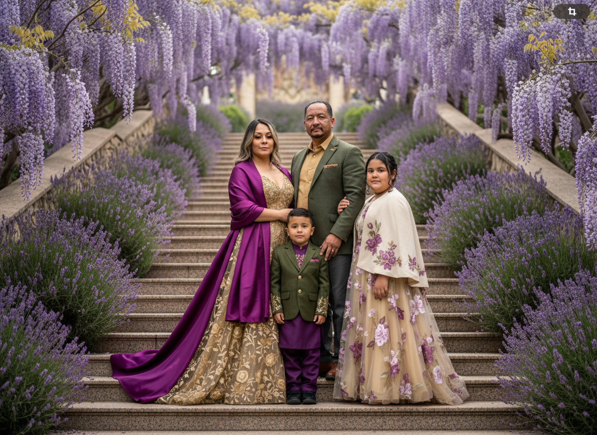 Family of five dressed in traditional attire standing on stone steps surrounded by purple flowering plants and wisteria hanging from above.