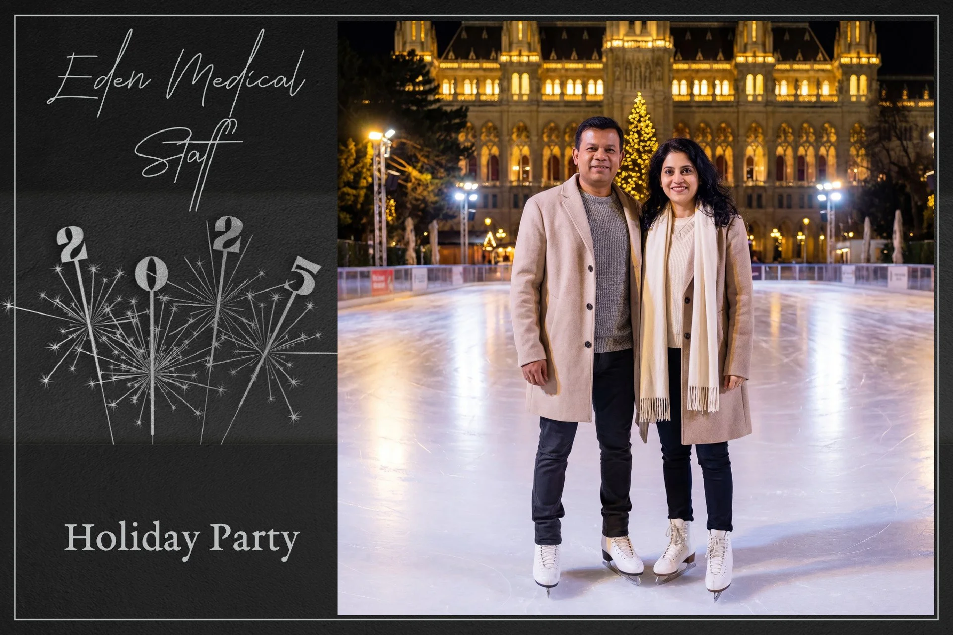 A man and woman standing on an ice skating rink at night with a lit castle and Christmas trees in the background. The left side of the image has a black textured background with white handwritten text that reads 'Eden Medical Staff' and 'Holiday Part