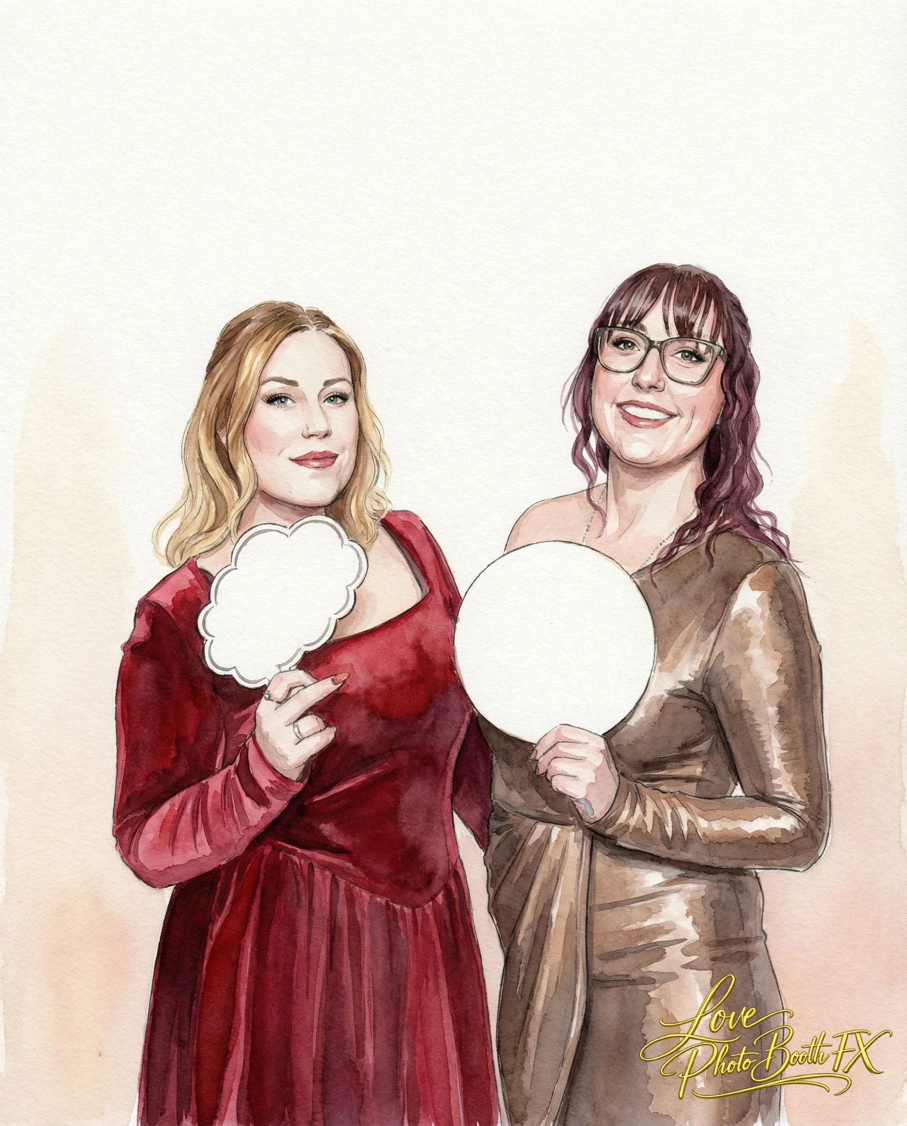 Two women standing side by side, one in a red dress holding a cloud-shaped sign, the other in a shiny brown jacket holding a plain circular sign, smiling at the camera.