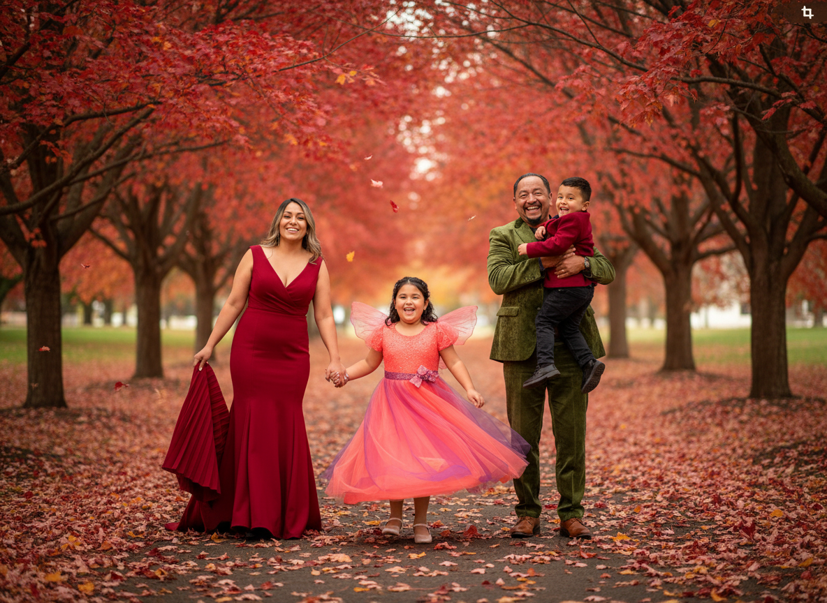 Family of four outdoors in a park with red autumn leaves, holding hands and smiling. Man holding a boy, woman in a long red dress, girl in a pink princess dress with fairy wings.