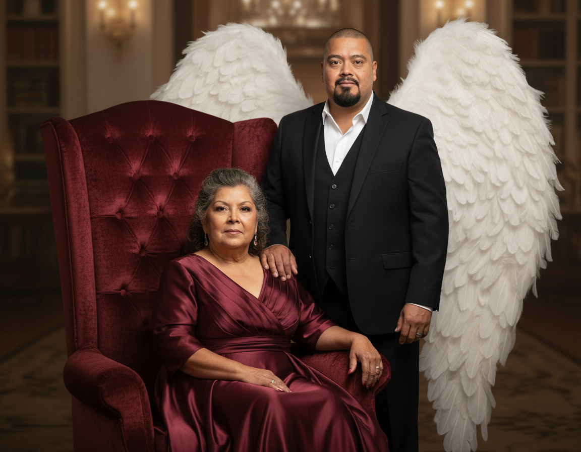 A woman seated on a red velvet armchair wearing a matching burgundy satin dress, and a man standing beside her in a black suit with white shirt, adorned with large white angel wings in a grand room with warm lighting.