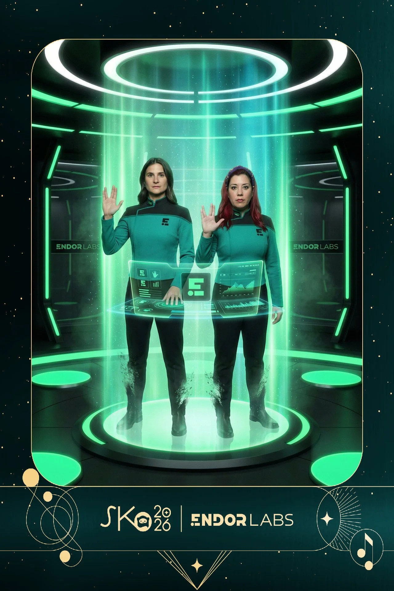 Two women in futuristic uniforms standing inside a high-tech, glowing, green and black sci-fi environment with holographic screens.