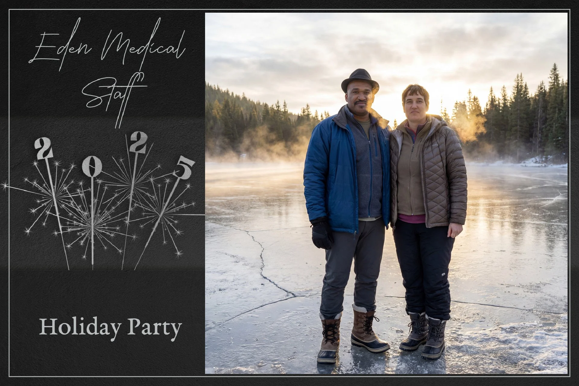 A holiday invitation card divided into two sections. The left section has a black textured background with white handwritten text that reads 'Eden Medical Staff' and 'Holiday Party,' along with white fireworks graphics. The right section shows two pe