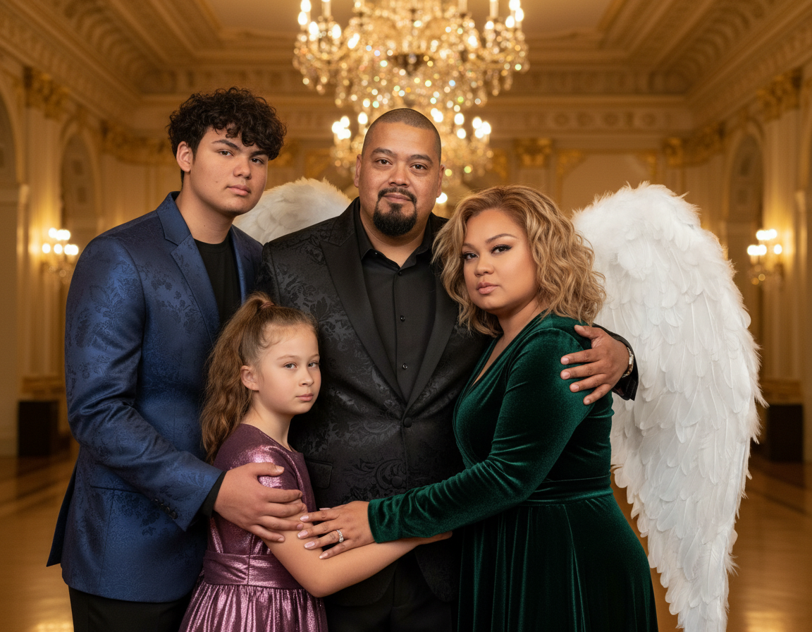 A family of five posing with angel wings in an elegant, chandelier-lit ballroom. The father is in a black suit, the mother in a green velvet dress, and they are surrounded by a teenage boy, a young girl, and a woman with angel wings.