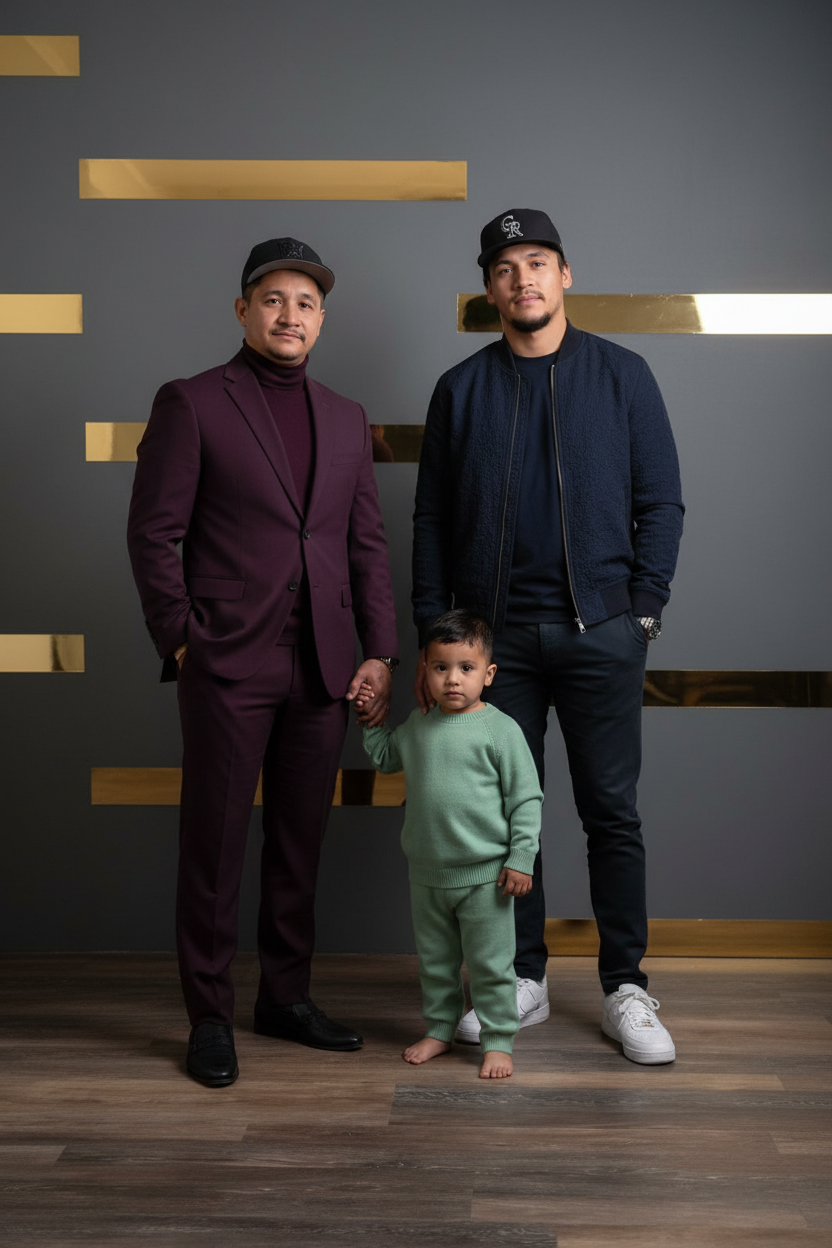 Three males and a young boy posing indoors against a gray wall with gold accents. The adult man on the left is wearing a maroon suit and black cap. The adult man on the right is dressed in casual dark clothing and a black cap. The boy in the center i