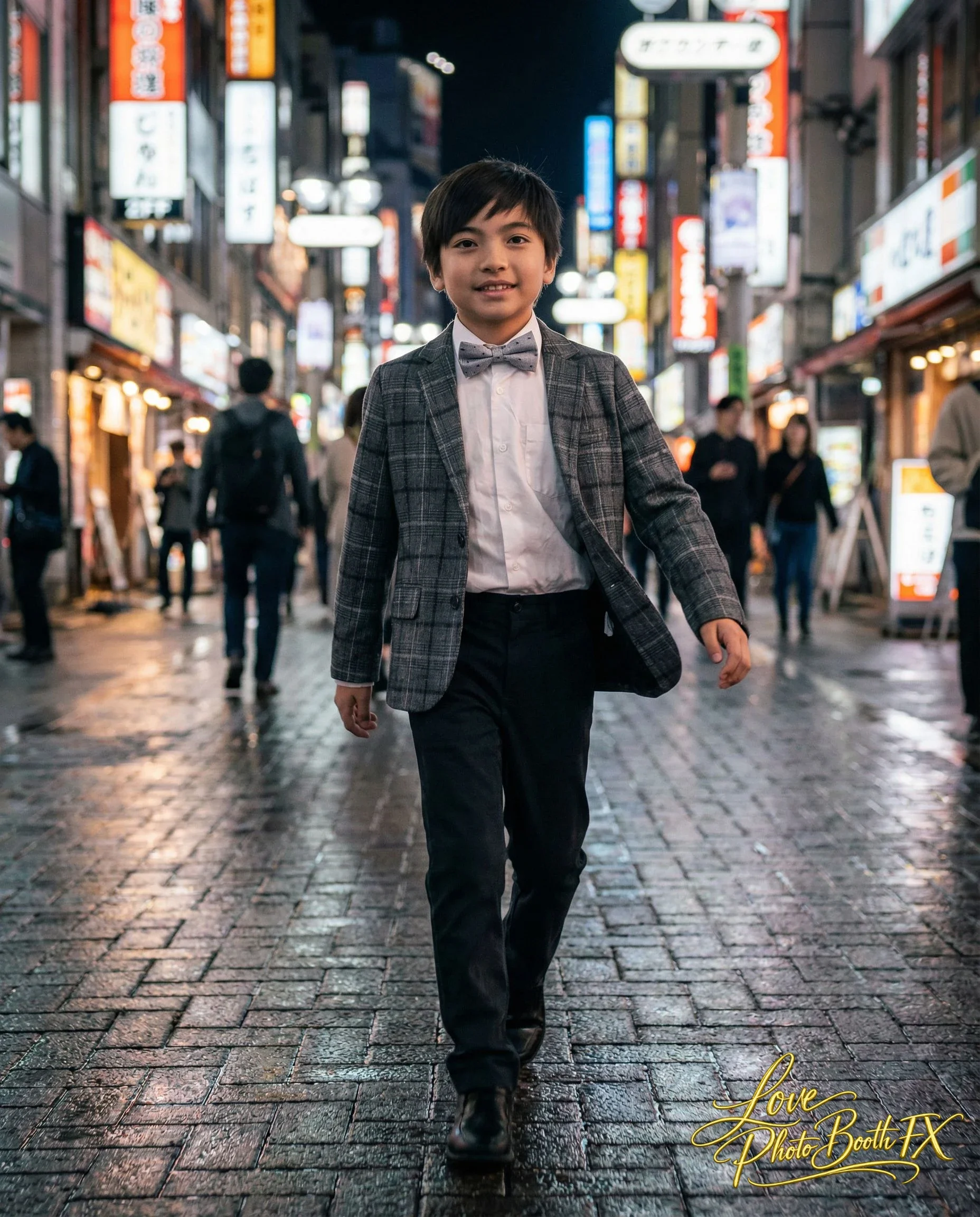 A young boy in formal attire, wearing a gray checkered blazer, white shirt, gray bow tie, and black pants, walking on a wet city street at night with neon signs and other people in the background.