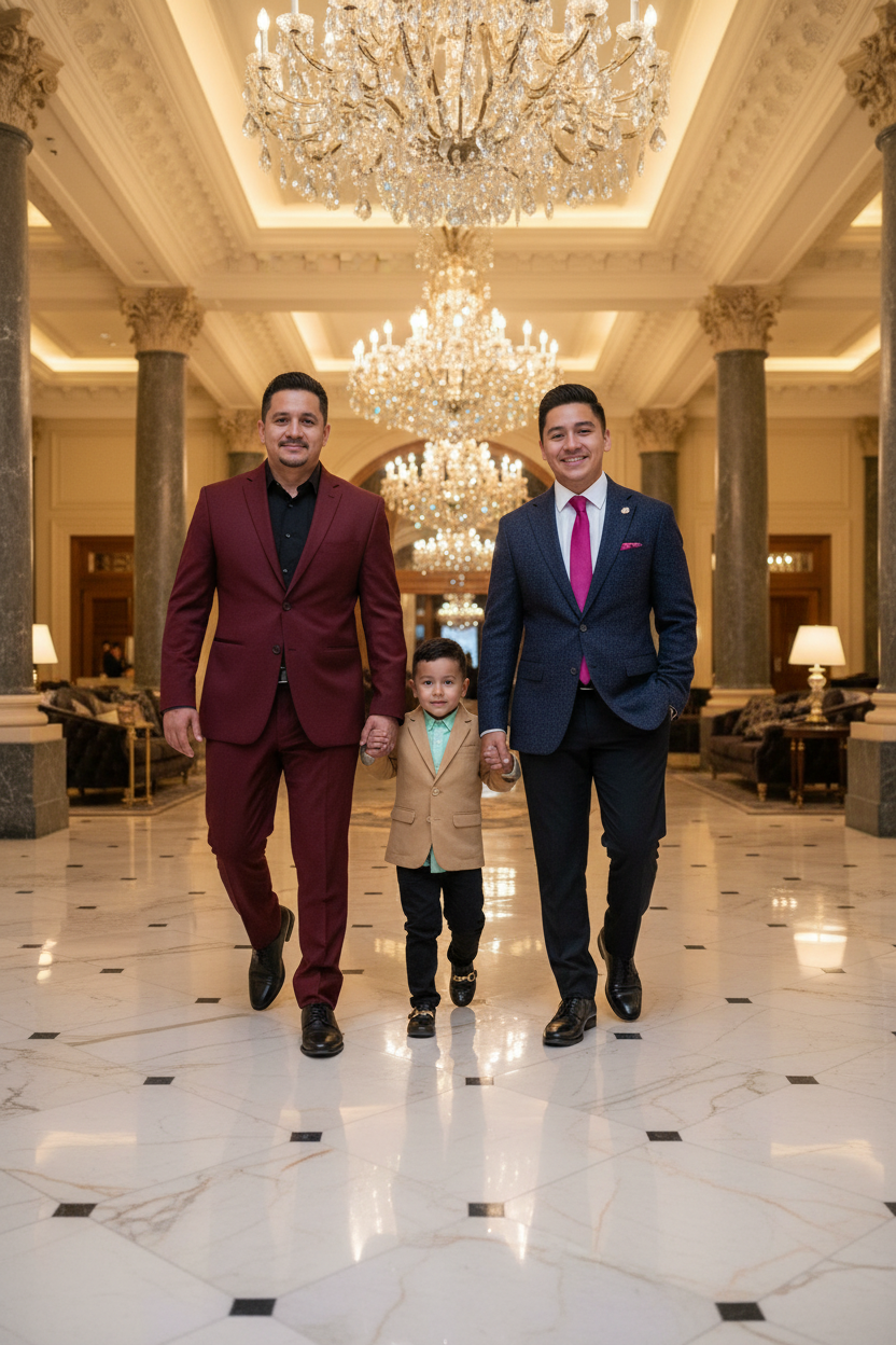 A family of three walking inside a luxurious hotel lobby with chandeliers, columns, and elegant furnishings. The man on the left wears a burgundy suit, the young boy in the center wears a tan blazer, and the man on the right wears a dark blue suit wi