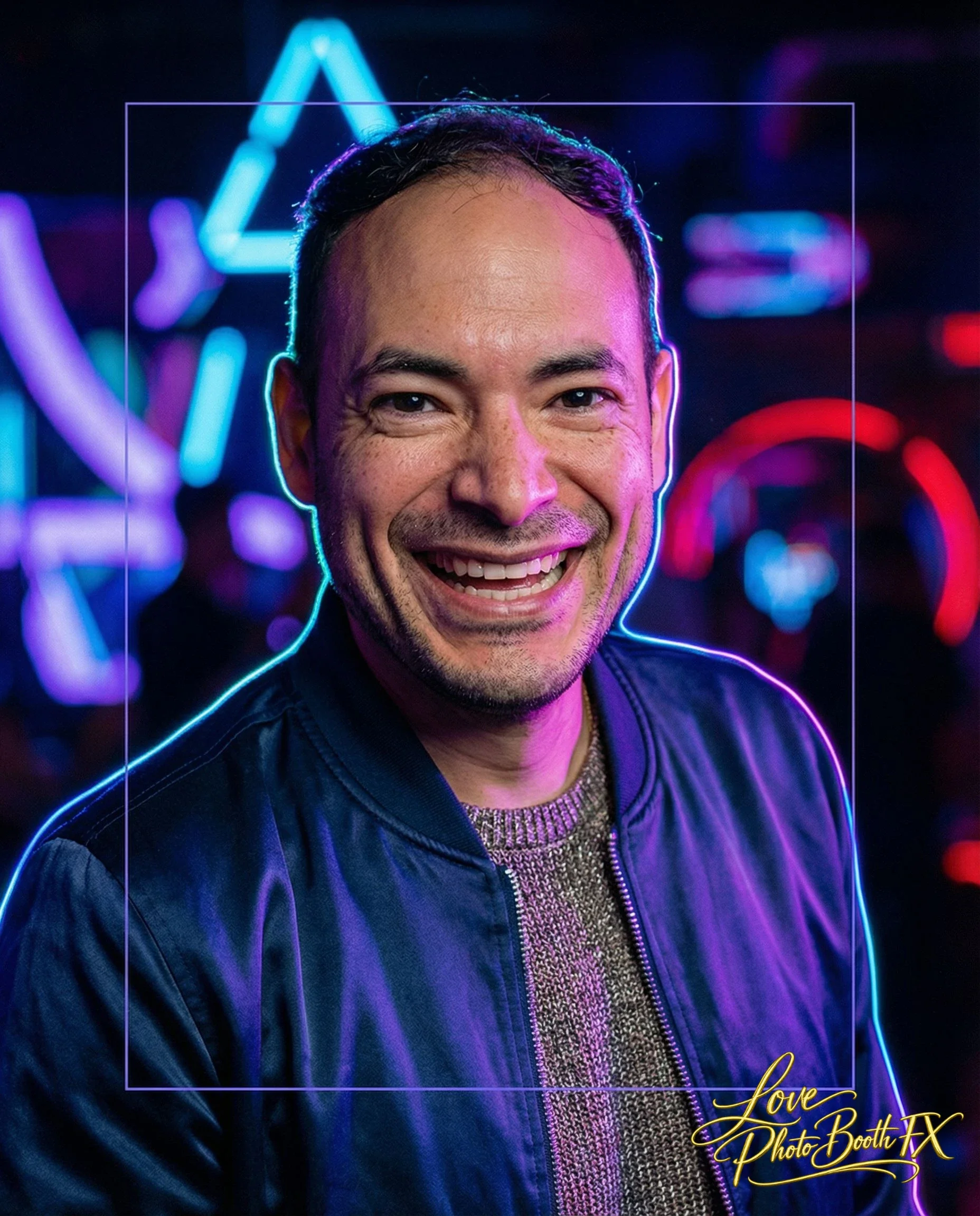 A smiling man with short dark hair and a goatee, wearing a black jacket and a patterned shirt, stands in front of colorful neon lights.